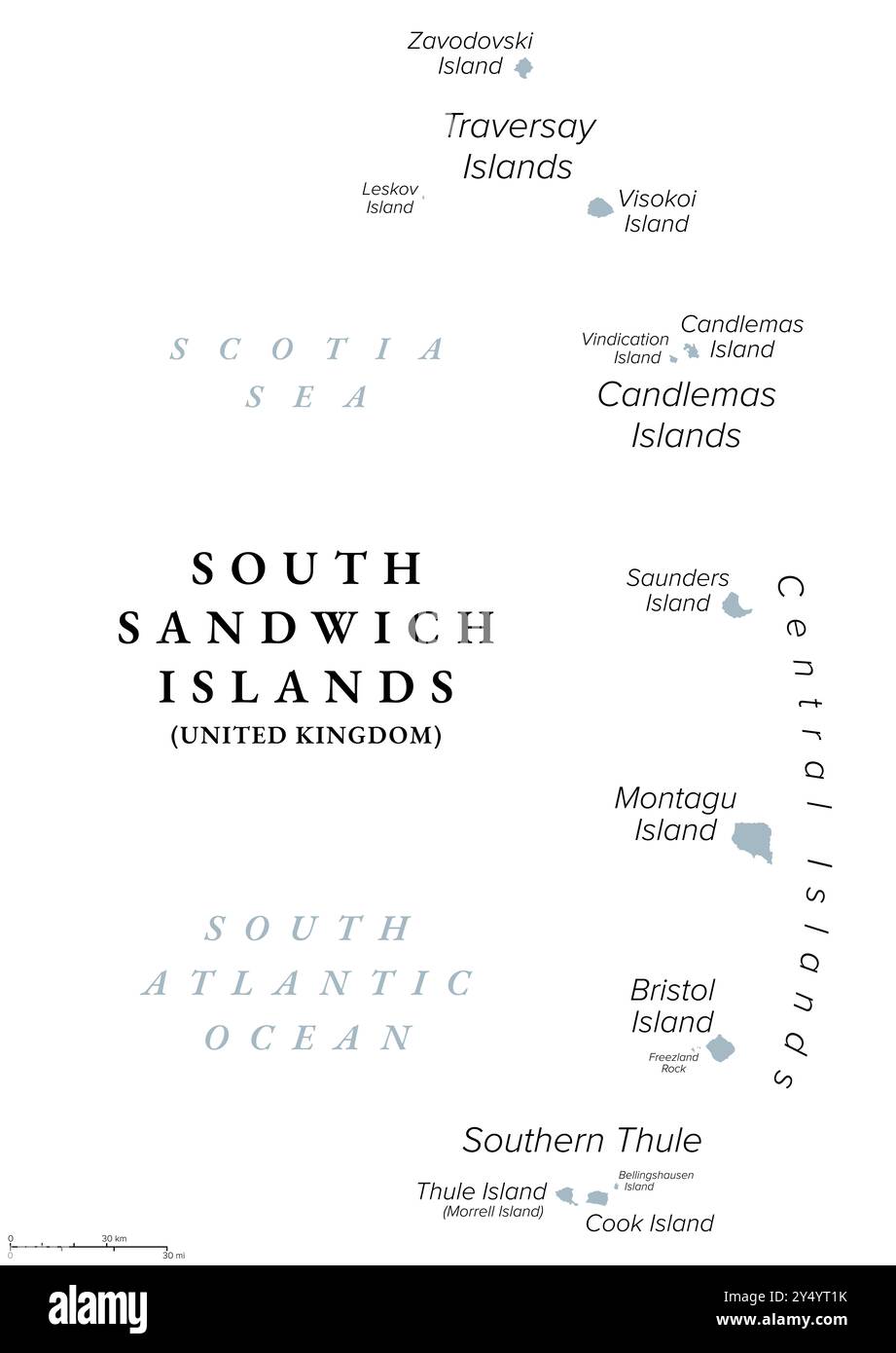 Îles Sandwich du Sud, carte politique grise. Partie du territoire britannique d'outre-mer Géorgie du Sud et les îles Sandwich du Sud. Banque D'Images