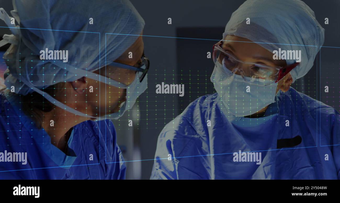 Professionnels de la santé en chirurgie avec l'image du rythme cardiaque au-dessus d'eux Banque D'Images