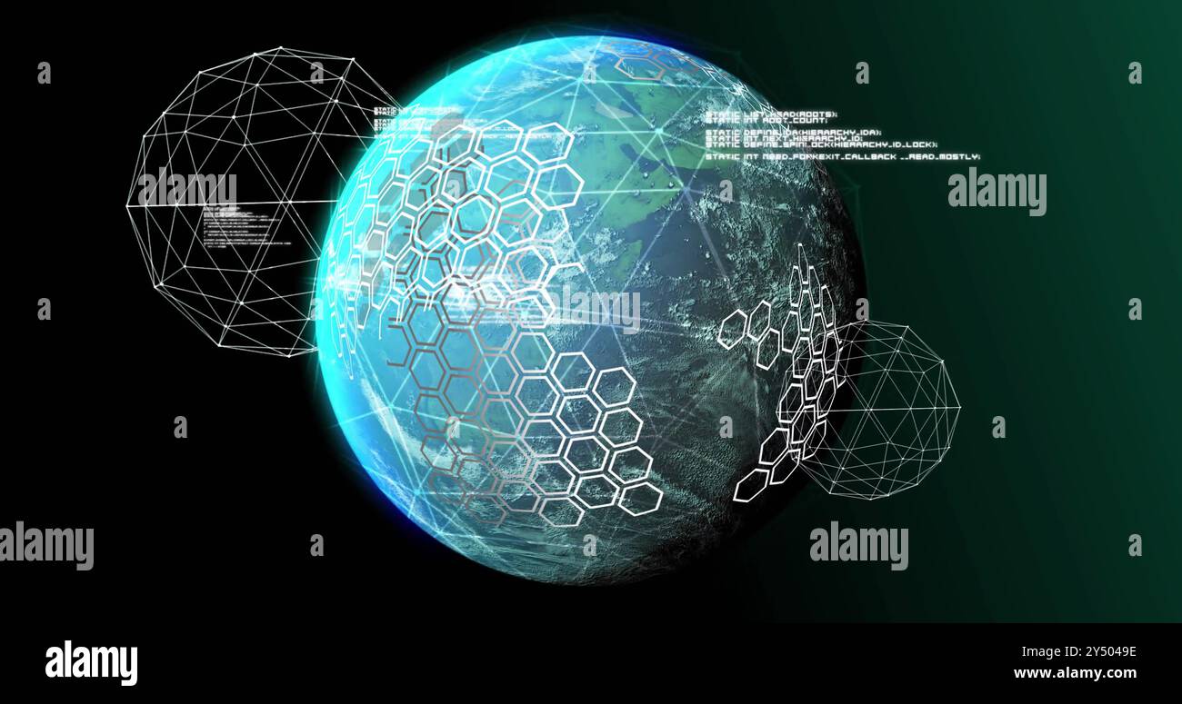 Image du traitement des données et du réseau de connexions sur le globe sur fond noir Banque D'Images