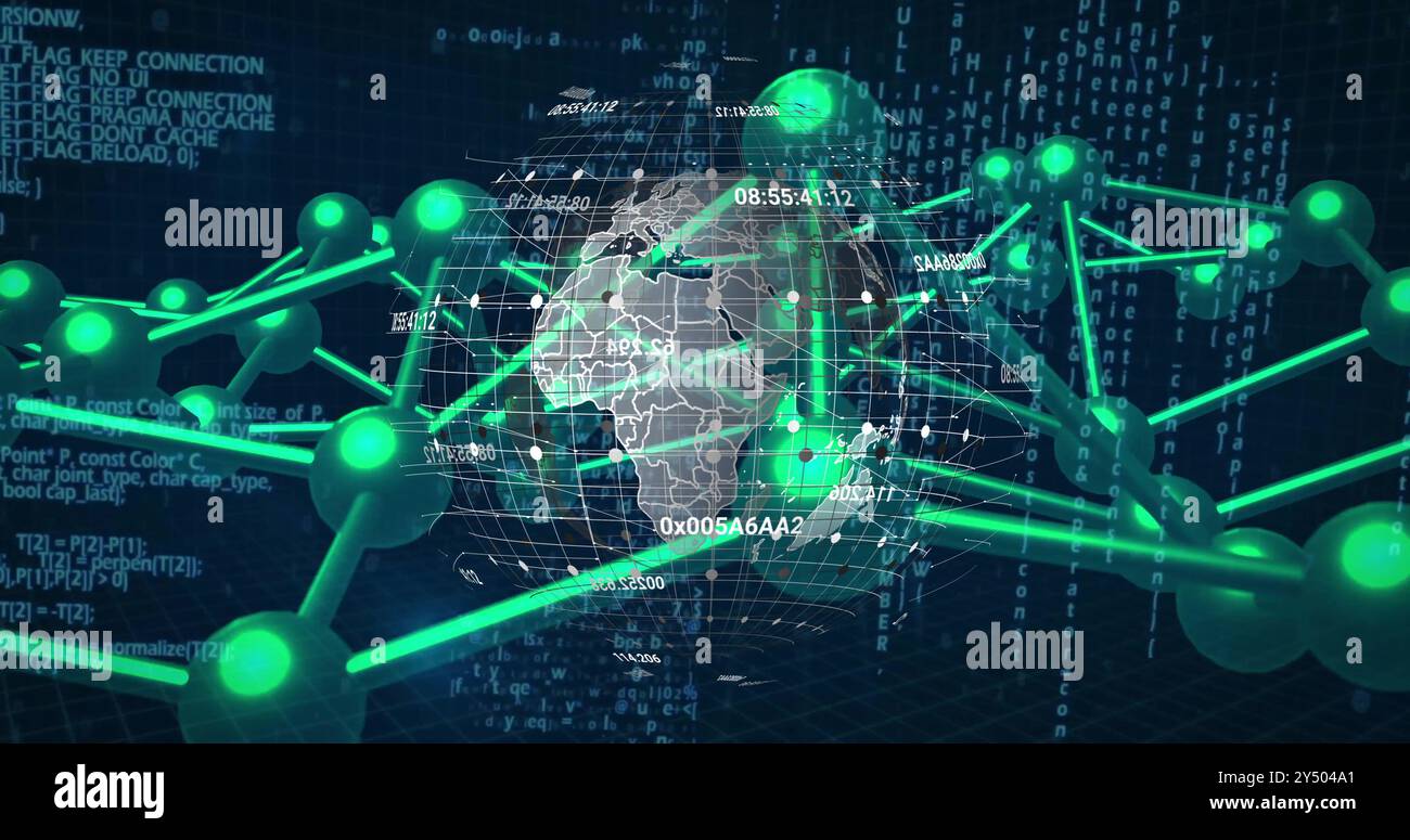 Image du traitement des données et du réseau de connexions sur le globe sur fond noir Banque D'Images