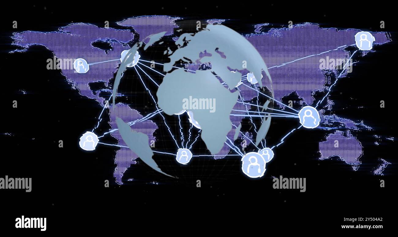 Image du traitement des données et des connexions sur la carte du monde et le globe sur fond noir Banque D'Images