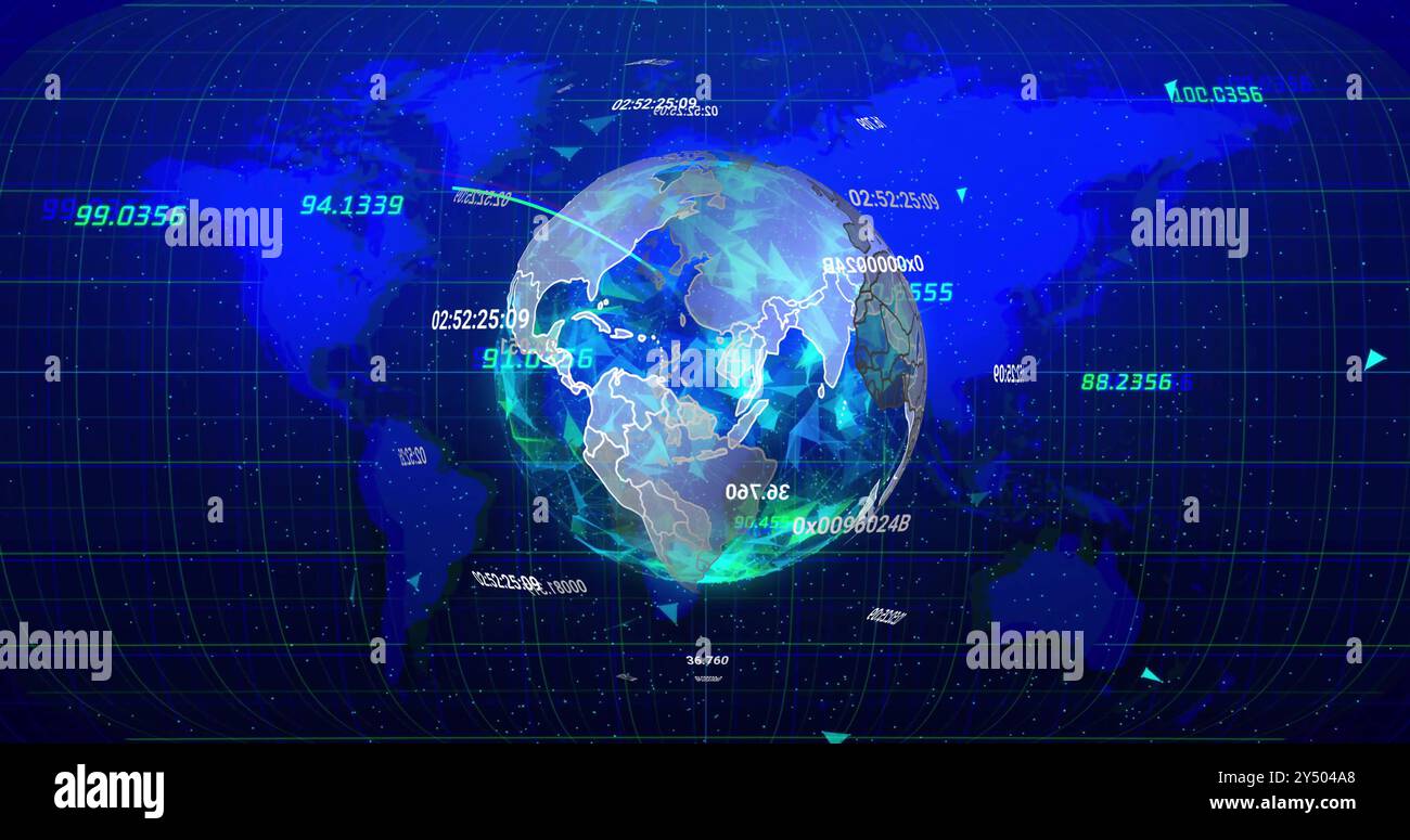 Image du traitement des données sur le globe et la carte du monde sur fond noir Banque D'Images