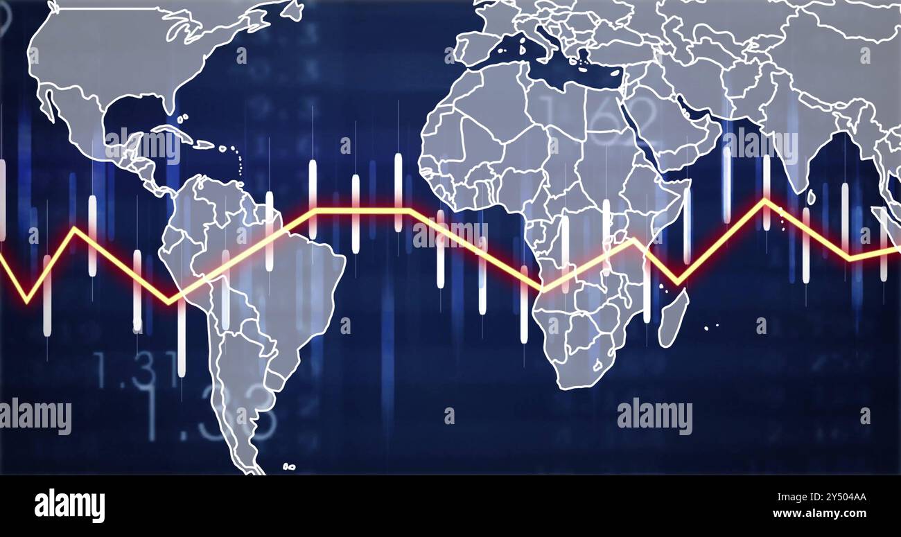 Image du traitement des données sur la carte du monde sur fond noir Banque D'Images