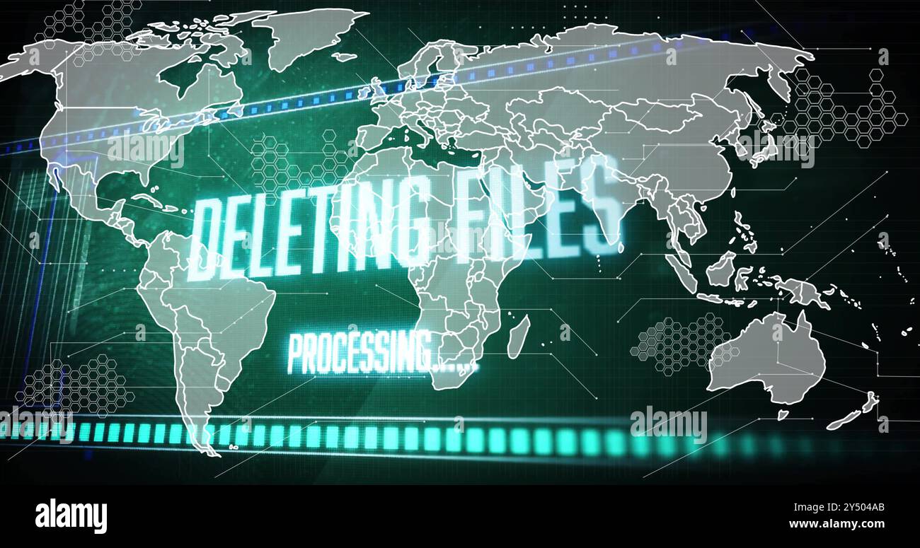 Image du traitement des données et du réseau de connexions sur la carte du monde sur fond noir Banque D'Images