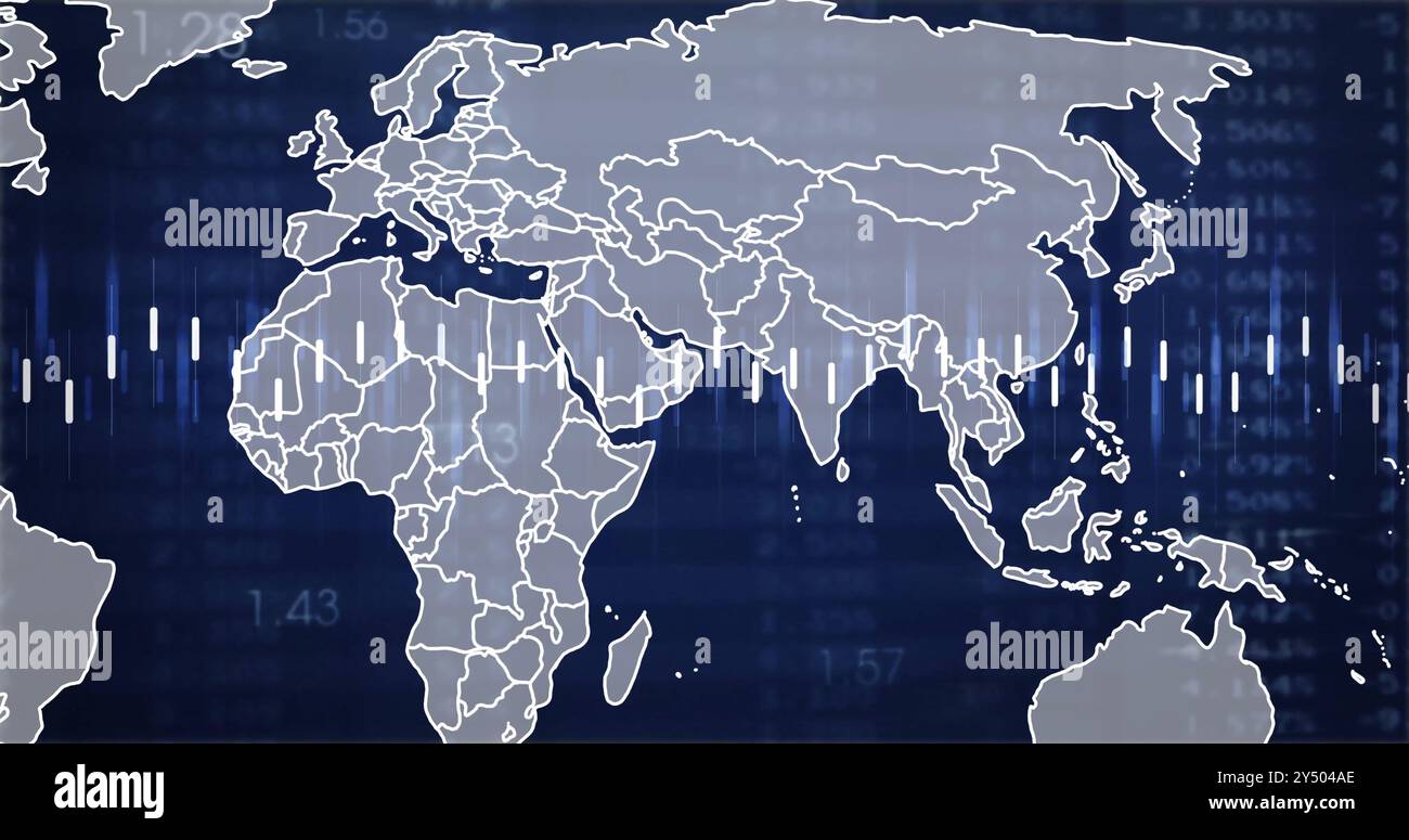 Image du traitement des données sur la carte du monde sur fond noir Banque D'Images