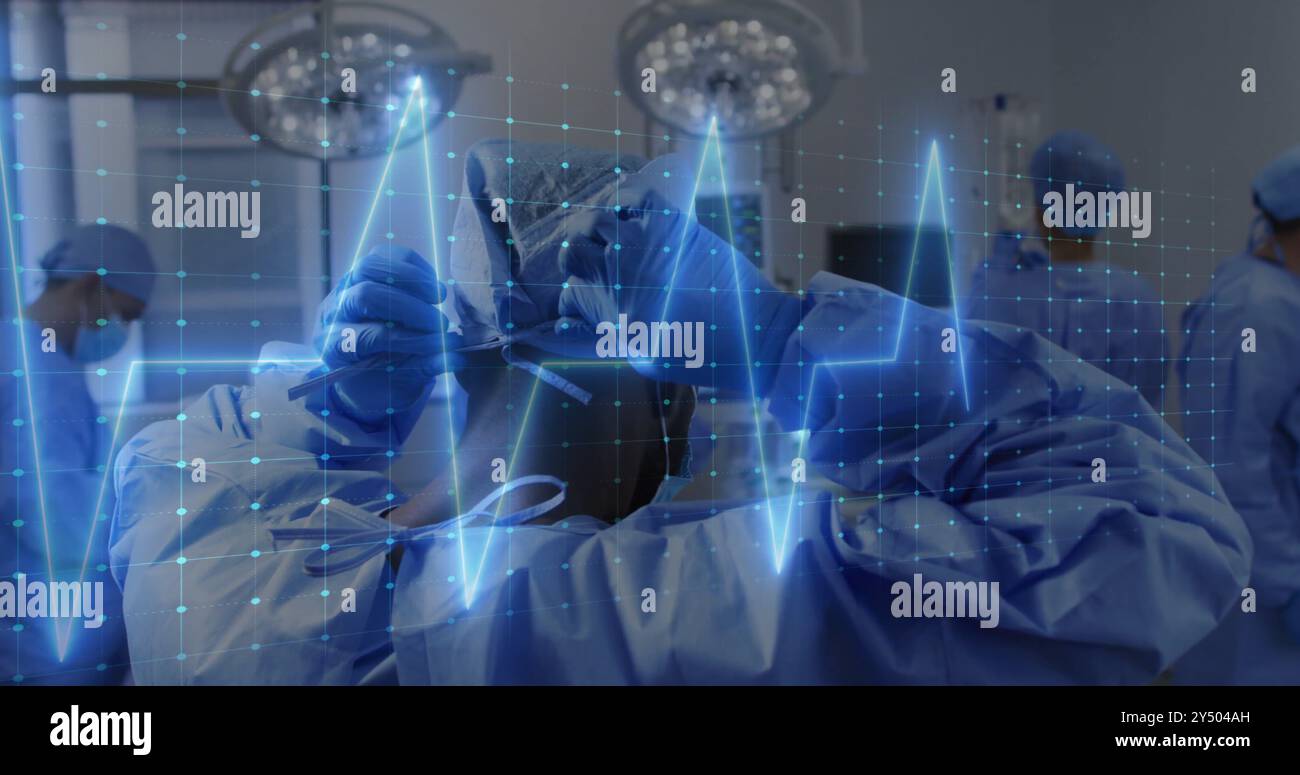 Professionnels de santé effectuant une intervention chirurgicale avec une image de battement cardiaque sur fond de grille Banque D'Images