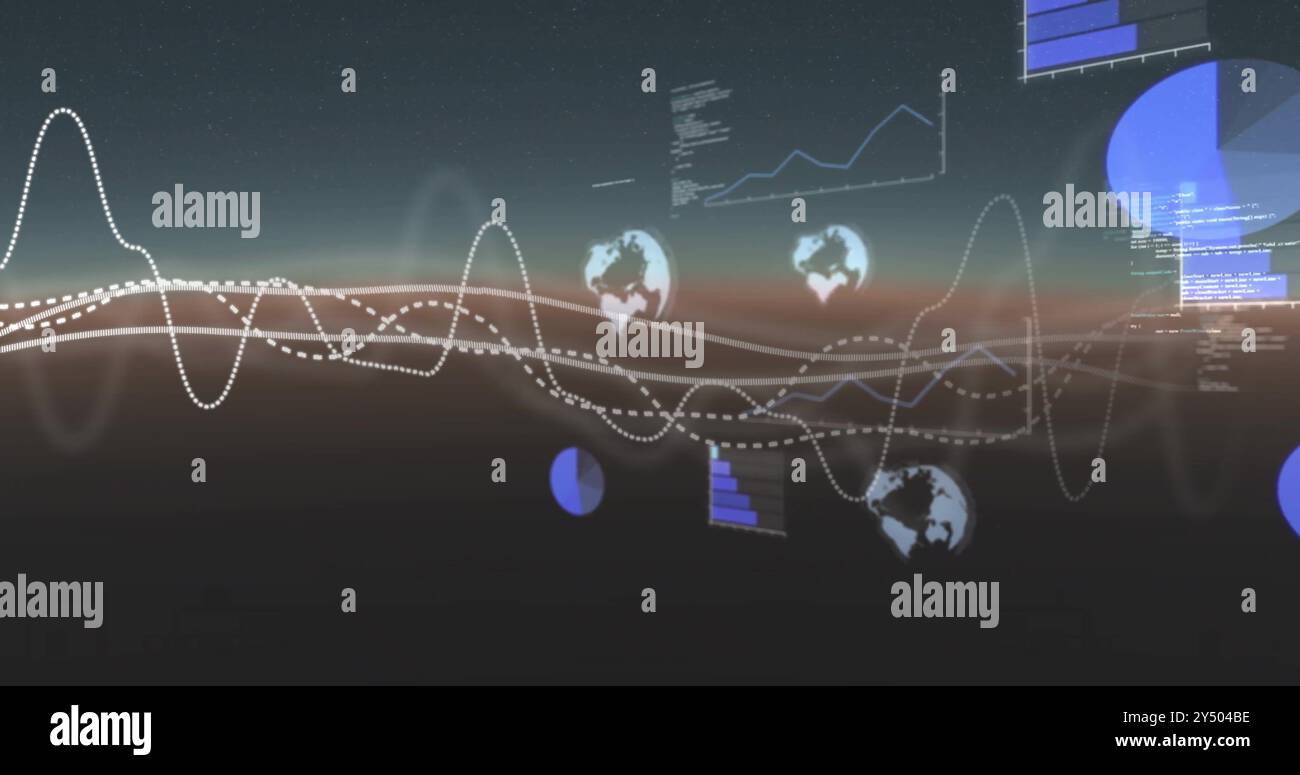 Image de traitement de données avec globes et lignes sur fond noir Banque D'Images