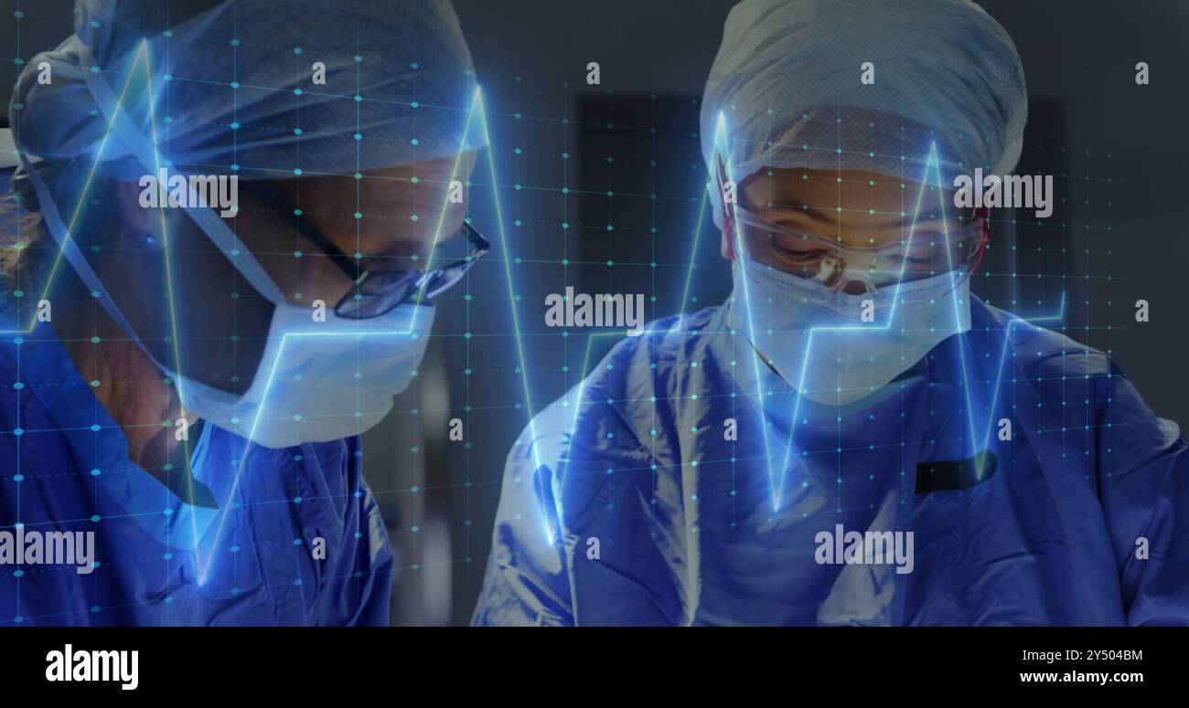 Professionnels de la santé en tenue chirurgicale avec une image de battement cardiaque sur fond de grille Banque D'Images