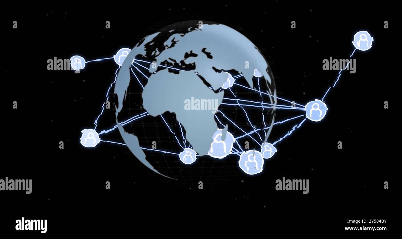 Image du traitement des données et des connexions au-dessus du globe sur fond noir Banque D'Images