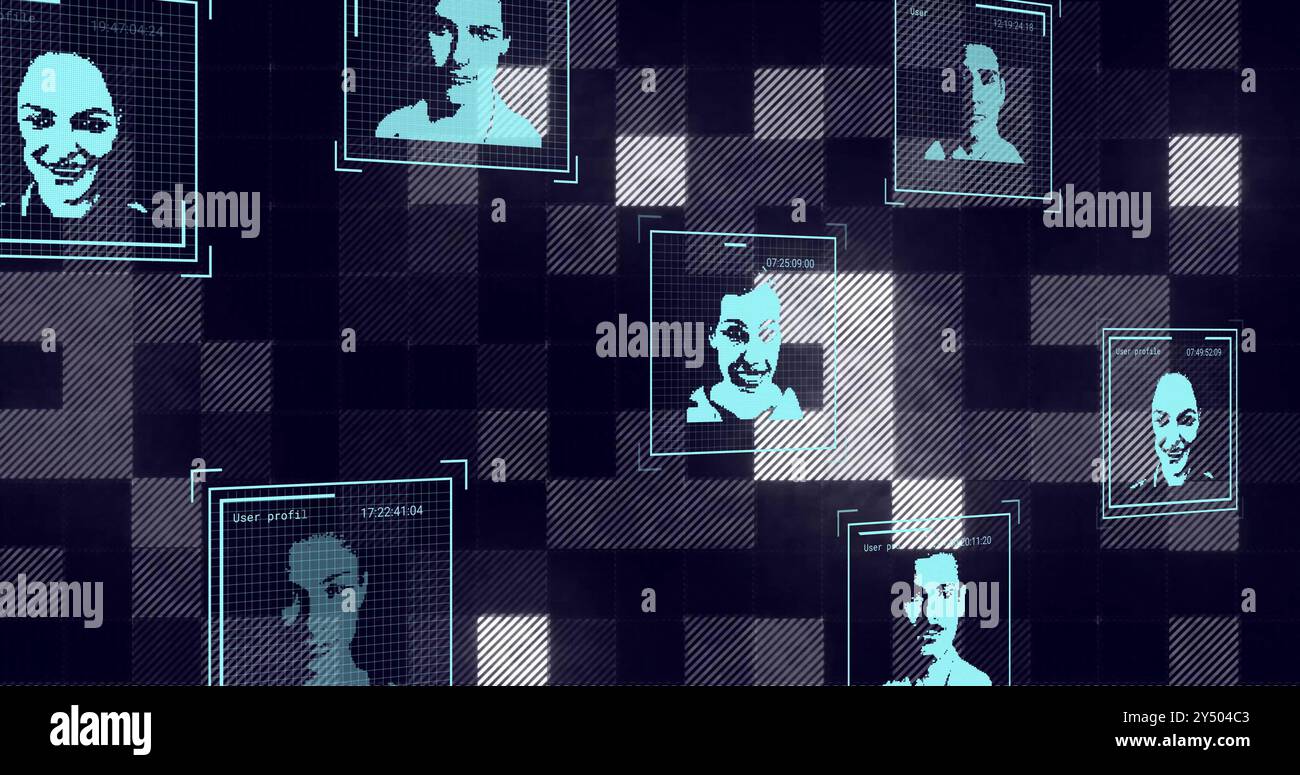 Image du traitement des données avec des portraits de personnes sur des carrés brillants sur fond noir Banque D'Images
