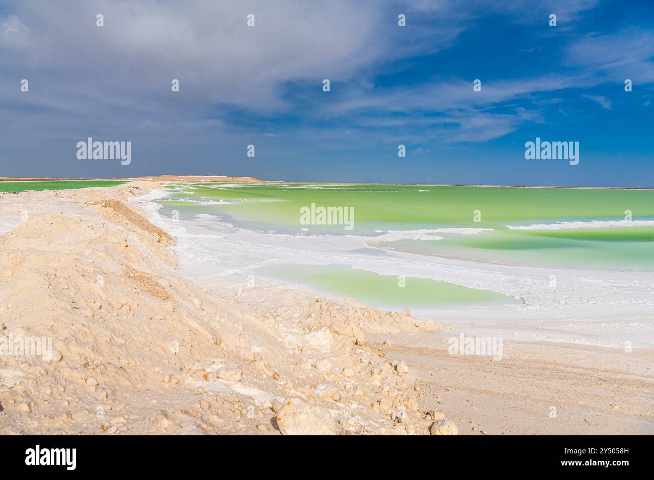 Eau salée et émeraude du lac Qarhan ou Chaerhan autour de la ville de Golmud, Qinghai, Chine. Copier l'espace pour le texte Banque D'Images