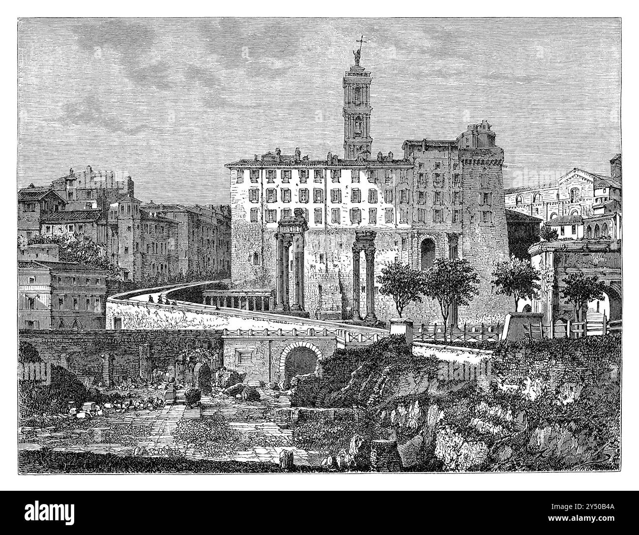 Vintage 1880 gravure d'une vue du forum à Rome, Italie. Tiré du livre 'voyages illustrés'. Banque D'Images