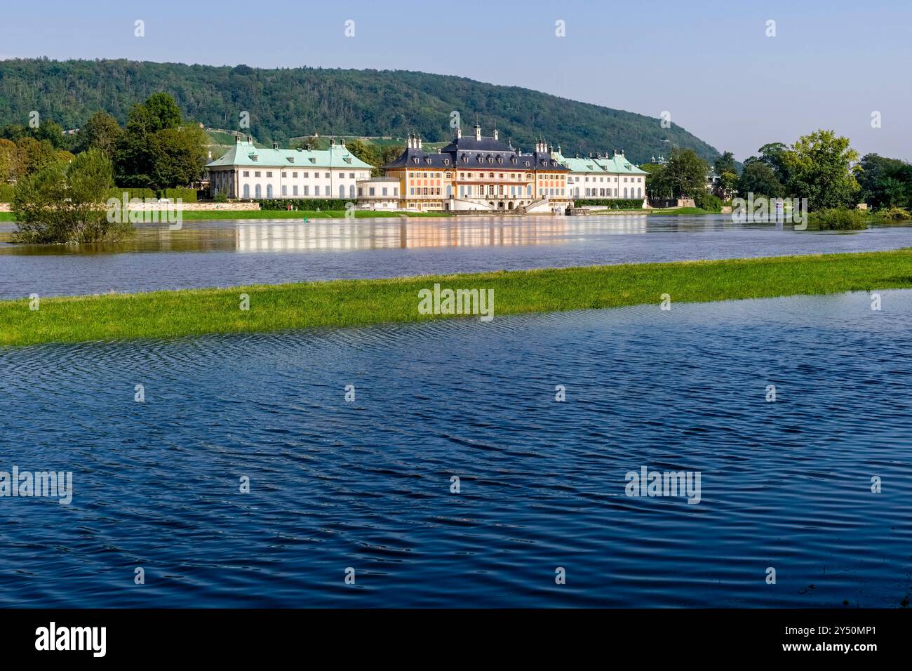 Crue de l'Elbe à Dresde dans le quartier de Pillnitz avec un niveau d'eau de 6.10m, toutes les prairies inondées, château de Pillnitz au loin. Dre Banque D'Images