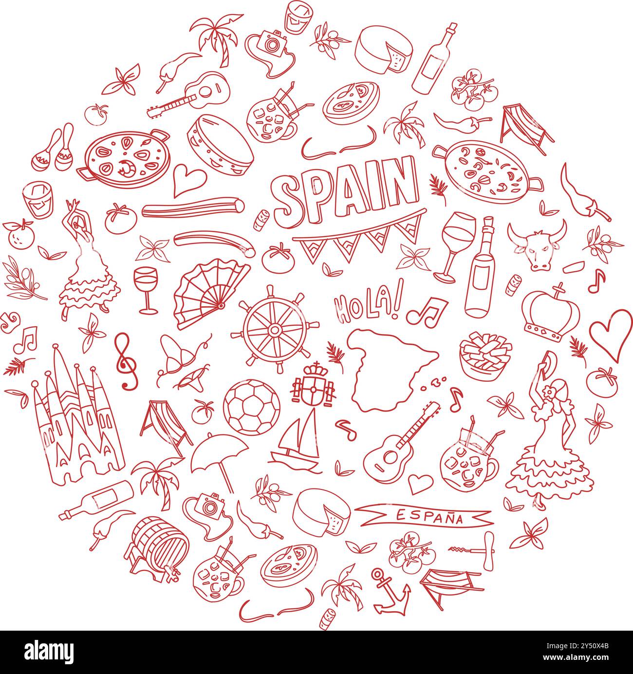 Symbole de l'Espagne à l'intérieur d'un élément en forme de cercle Doodle Art illustration. Clip art vectoriel dessiné à la main Illustration de Vecteur