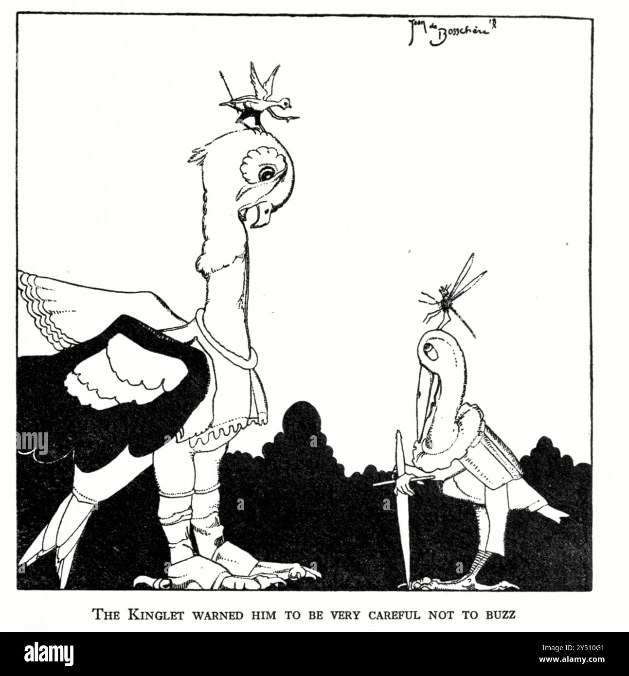 LE KINGLET L'AVERTIT DE FAIRE TRÈS ATTENTION À NE PAS BUZZ DE LA BATAILLE DES OISEAUX ET DES BÊTES contes folkloriques de Flandre illustrés par Jean de Bosschère (Uccle, 5 juillet 1878 – Châteauroux, 17 janvier 1953) est un écrivain et peintre belge publié en 1919 par Dodd, Mead & Company Banque D'Images