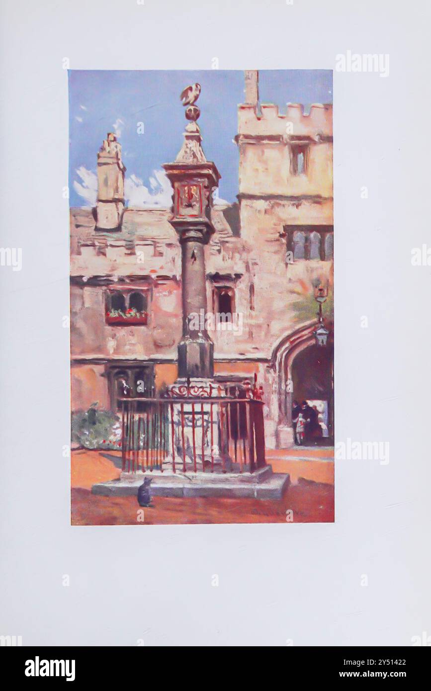 CORPUS CHRISTI COLLEGE au centre du quadrilatère s’élève un cadran cylindrique, surmonté d’un « pélican dans sa piété », l’insigne du fondateur du Collège. Oxford by John Fulleylove John Fulleylove (18 août 1845 – 22 mai 1908) est un paysagiste et illustrateur anglais Oxford est une ville historique et la ville du comté d'Oxfordshire, elle est célèbre pour son université, la plus ancienne du monde anglophone, et son architecture, sa culture et ses industries. Banque D'Images