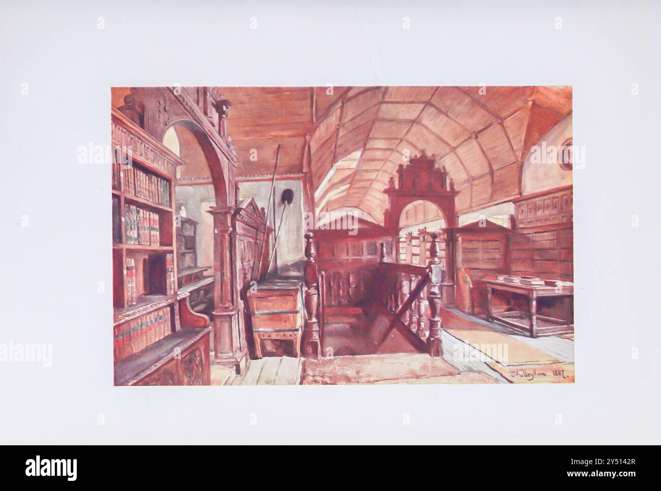 INTÉRIEUR DE LA BIBLIOTHÈQUE DU MERTON COLLEGE Oxford par John Fulleylove John Fulleylove (18 août 1845 – 22 mai 1908) est un paysagiste et illustrateur anglais Oxford est une ville historique et la ville du comté d'Oxfordshire, elle est célèbre pour son université, la plus ancienne du monde anglophone, et son architecture, sa culture et ses industries. Banque D'Images