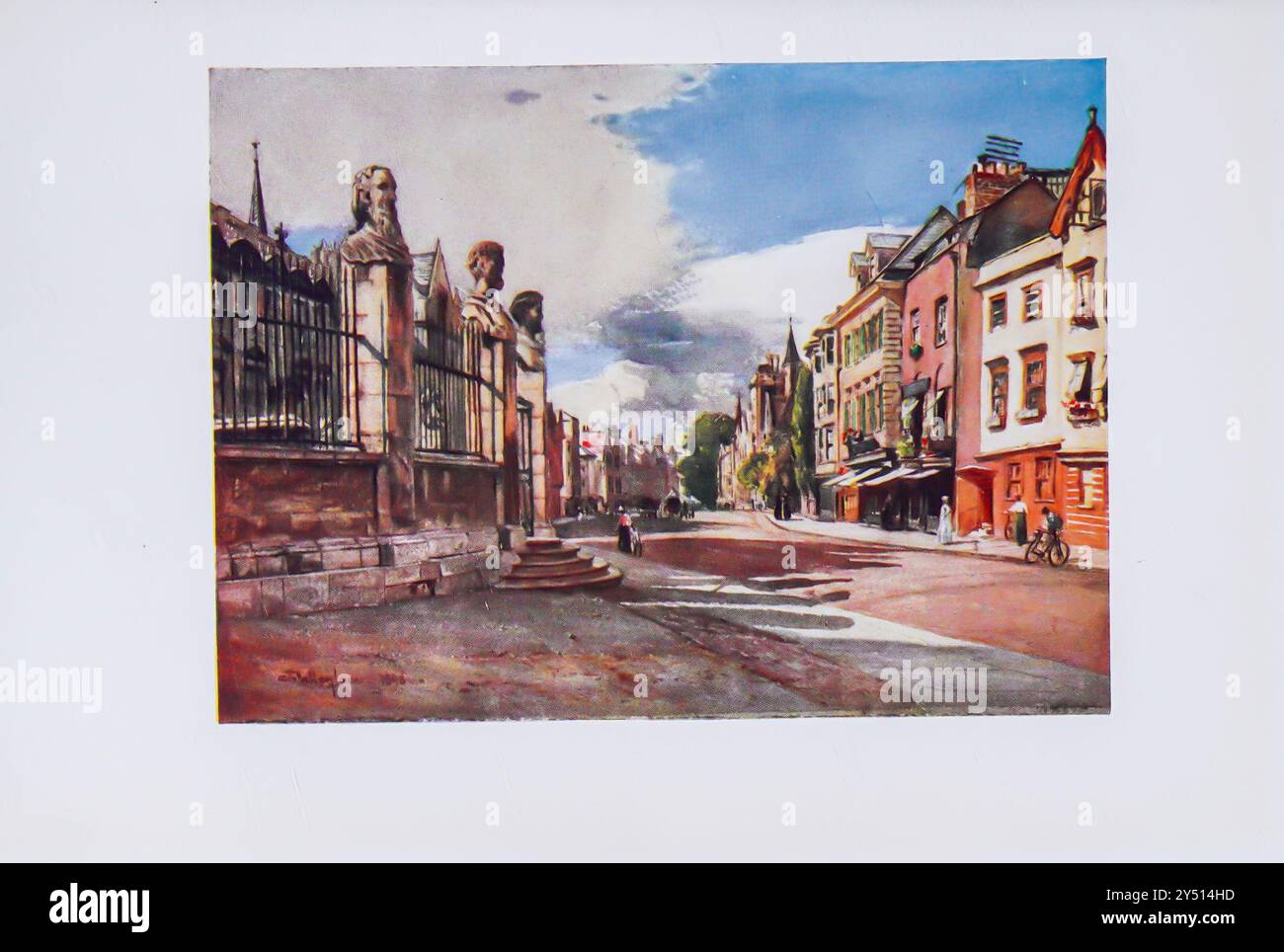 LARGE RUE, REGARDANT L'OUEST sur la gauche de l'image est le mur d'enceinte du théâtre Sheldonian, avec ses thermes étonnamment pittoresques. Une volée de marches semi-circulaires mène à une entrée entre deux d'entre elles. Oxford by John Fulleylove John Fulleylove (18 août 1845 – 22 mai 1908) est un paysagiste et illustrateur anglais Oxford est une ville historique et la ville du comté d'Oxfordshire, elle est célèbre pour son université, la plus ancienne du monde anglophone, et son architecture, sa culture et ses industries. Banque D'Images