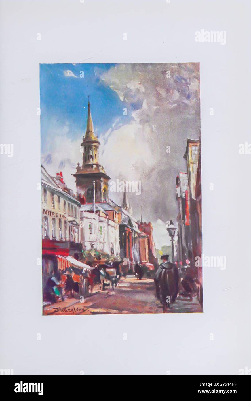 LA RUE PRINCIPALE DONNANT SUR EAST tue Mitre Inn est sur la gauche de l'image, et au-dessus du bâtiment blanc se dresse la tour et la lanterne de l'église de la Toussaint. Oxford by John Fulleylove John Fulleylove (18 août 1845 – 22 mai 1908) est un paysagiste et illustrateur anglais Oxford est une ville historique et la ville du comté d'Oxfordshire, elle est célèbre pour son université, la plus ancienne du monde anglophone, et son architecture, sa culture et ses industries. Banque D'Images