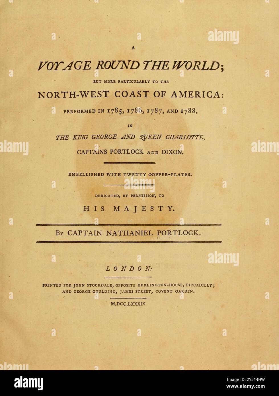 From A voyage around the World by Captain George Dixon, and Captain Nathaniel Portlock (c. 1748 - 12 septembre 1817) est un capitaine de navire britannique, commerçant de fourrures maritime et auteur. Il entre dans la Royal Navy en 1772 en tant que marin compétent, servant dans le HMS St Albans. En 1776, il rejoint le HMS Discovery en tant que capitaine et participe au troisième voyage dans le Pacifique de James Cook. Au cours de l'expédition, en août 1779, il est transféré au HMS Resolution. Il réussit son examen de lieutenant le 7 septembre 1780, puis sert sur le HMS Firebrand dans la flotte de la Manche. En septembre 1785, Portlock et Dixon quittèrent l'E Banque D'Images