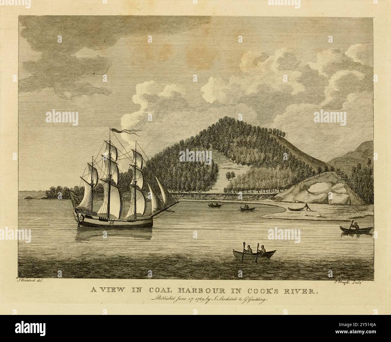 A View in Coal Harbour in Cook's River from A voyage around the World par le capitaine George Dixon, et le capitaine Nathaniel Portlock (c. 1748 - 12 septembre 1817) était un capitaine de navire britannique, commerçant de fourrures et auteur. Il entre dans la Royal Navy en 1772 en tant que marin compétent, servant dans le HMS St Albans. En 1776, il rejoint le HMS Discovery en tant que capitaine et participe au troisième voyage dans le Pacifique de James Cook. Au cours de l'expédition, en août 1779, il est transféré au HMS Resolution. Il réussit son examen de lieutenant le 7 septembre 1780, puis sert sur le HMS Firebrand dans la flotte de la Manche. A Septembe Banque D'Images