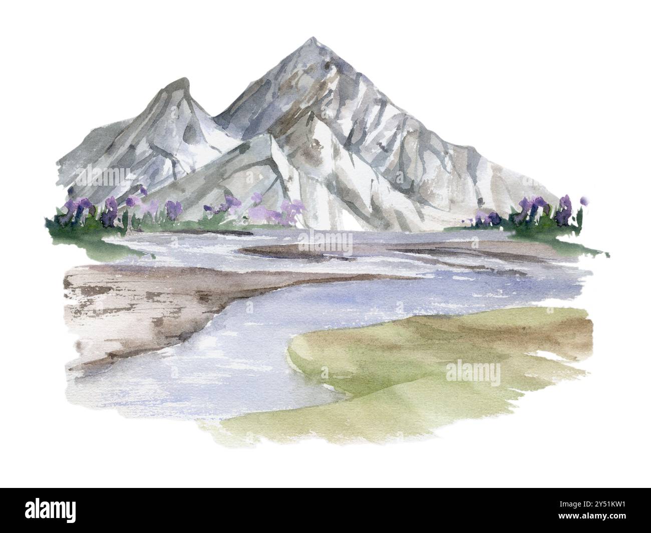 Paysage de paysage de chaîne de montagnes sommets enneigés, champs de prairie rivière lac marais fleurs alpine vista dessiné à la main à l'aquarelle. Illustration pour Banque D'Images