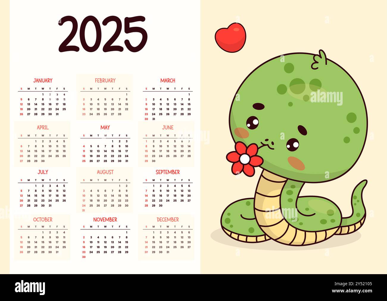 calendrier annuel 2025. Mignon serpent kawaii personnage avec fleur. Modèle horizontal vectoriel 12 mois en anglais. La semaine commence dimanche. 2025 ans serpent ac Illustration de Vecteur