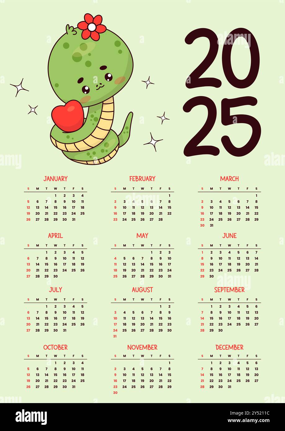 calendrier annuel 2025. Mignon serpent fille avec coeur. Personnage kawaii drôle. Modèle vertical de vecteur du nouvel an 12 mois en anglais. La semaine commence dimanche. Illustration de Vecteur