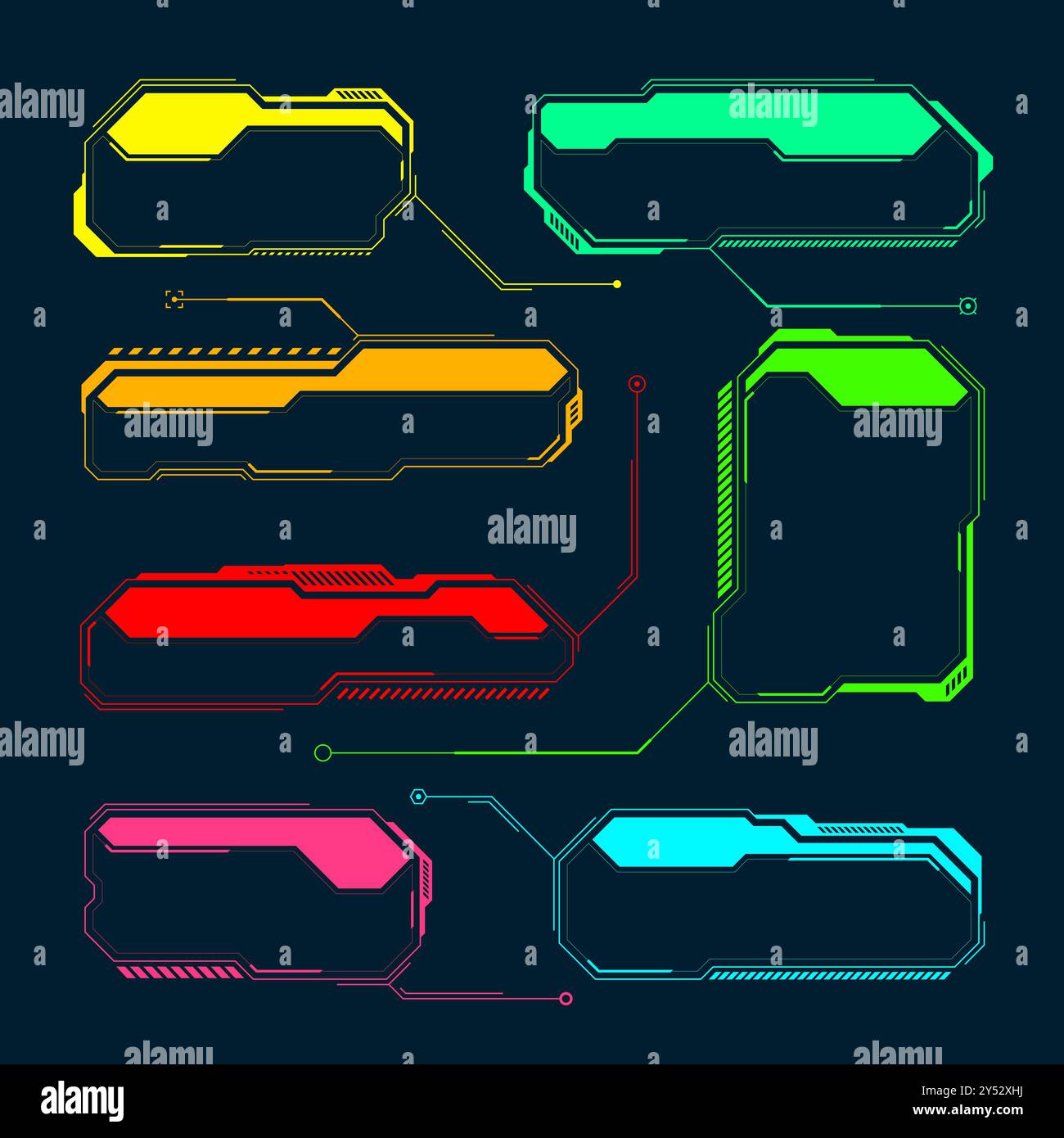 Éléments HUD ou UI futuristes. Zones de texte et légendes de l'interface utilisateur SCI-fi. Cadre de message d'avertissement coloré, modèle de boîtes d'information. Jeu moderne Illustration de Vecteur