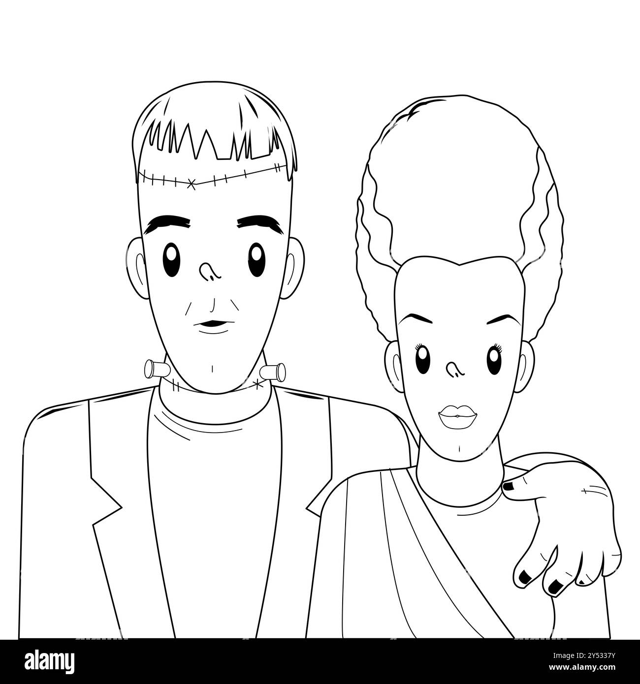 Frankenstein et son épouse. Monstres d'Halloween de bande dessinée effrayants. Fête costumée. Coloriage noir et blanc. Banque D'Images