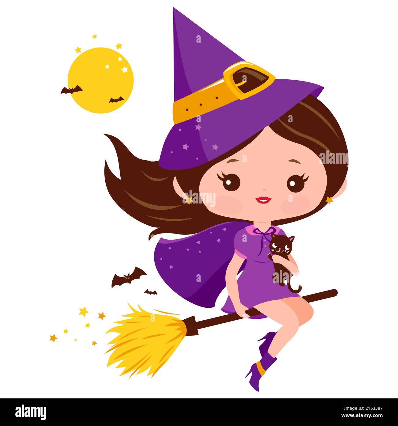 Belle sorcière d'Halloween volant avec balai magique. Dessin animé trick ou traiter jolie sorcière avec costume effrayant mignon. Banque D'Images