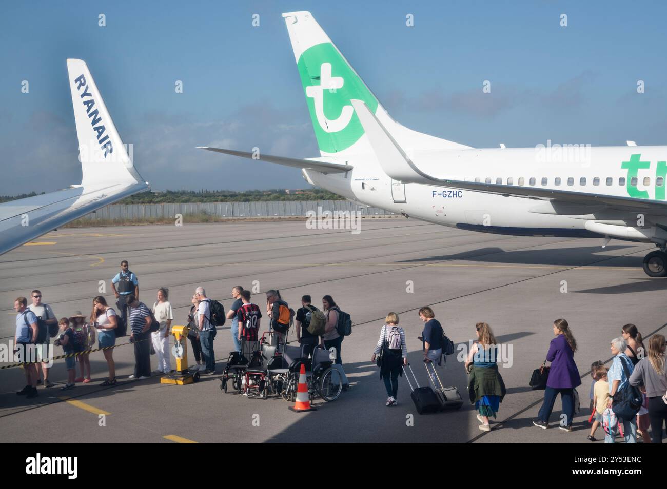 Perpignan, France. Aéroport avec Ryan vol air à Stanstead et Transavia vol à Paris. Banque D'Images