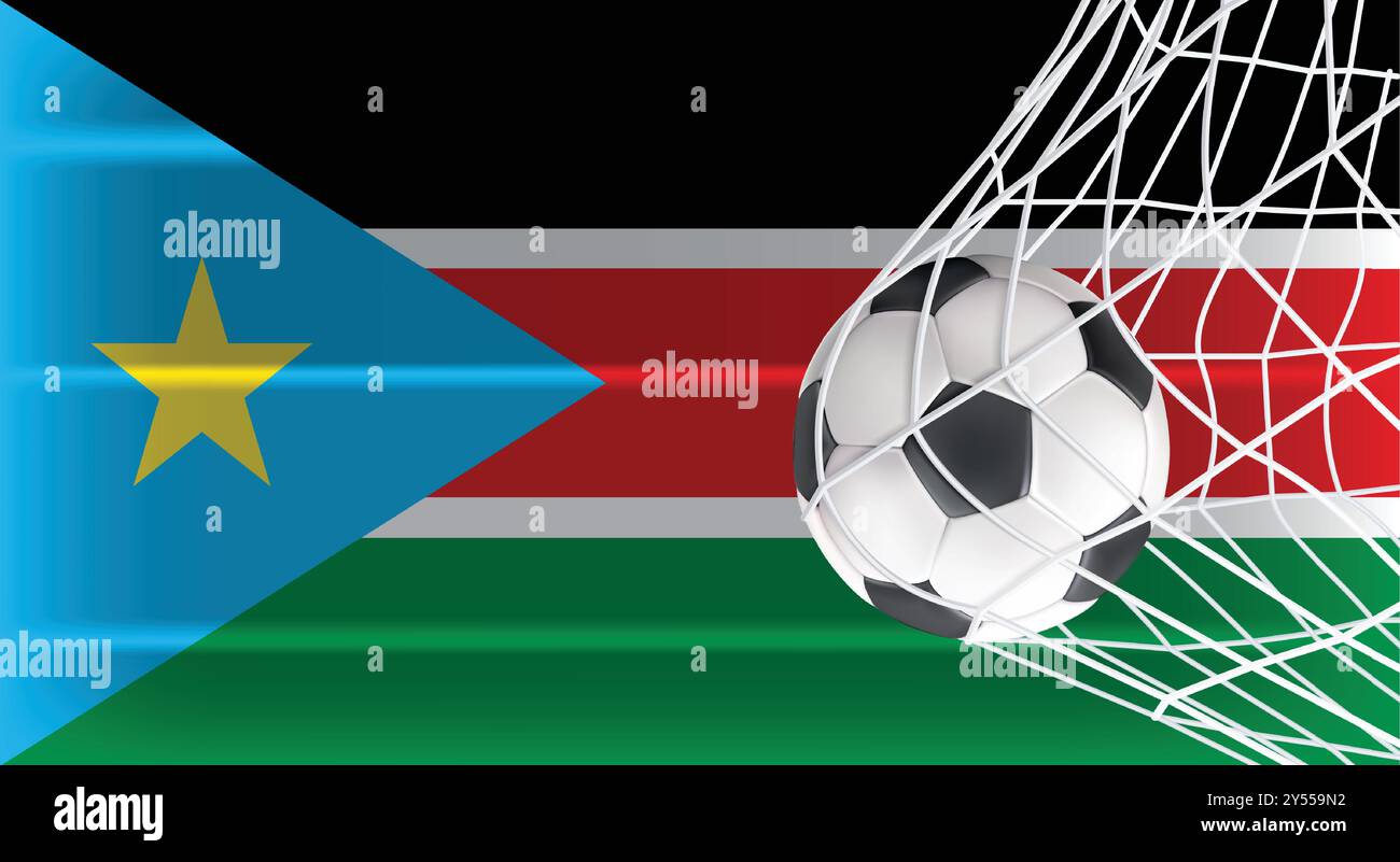 Soccer ou ballon de football dans Goal Net isolé sur le drapeau ombragé du Soudan du Sud, équipement accessoire de sport pour jouer au jeu, au championnat et à la compétition Illustration de Vecteur