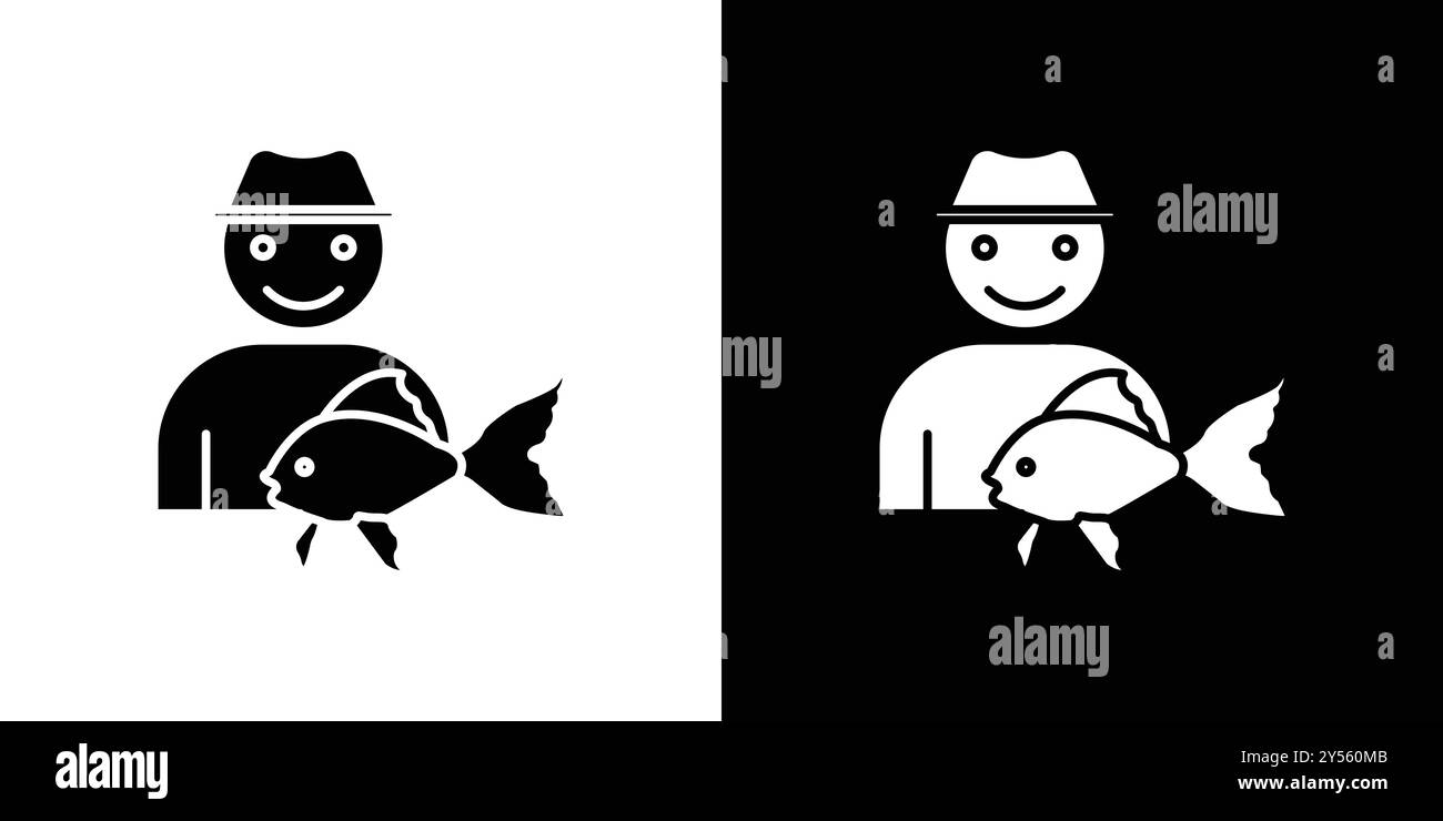 Pêcheur avec icône de poisson marque linéaire logo set collection en noir et blanc Illustration de Vecteur