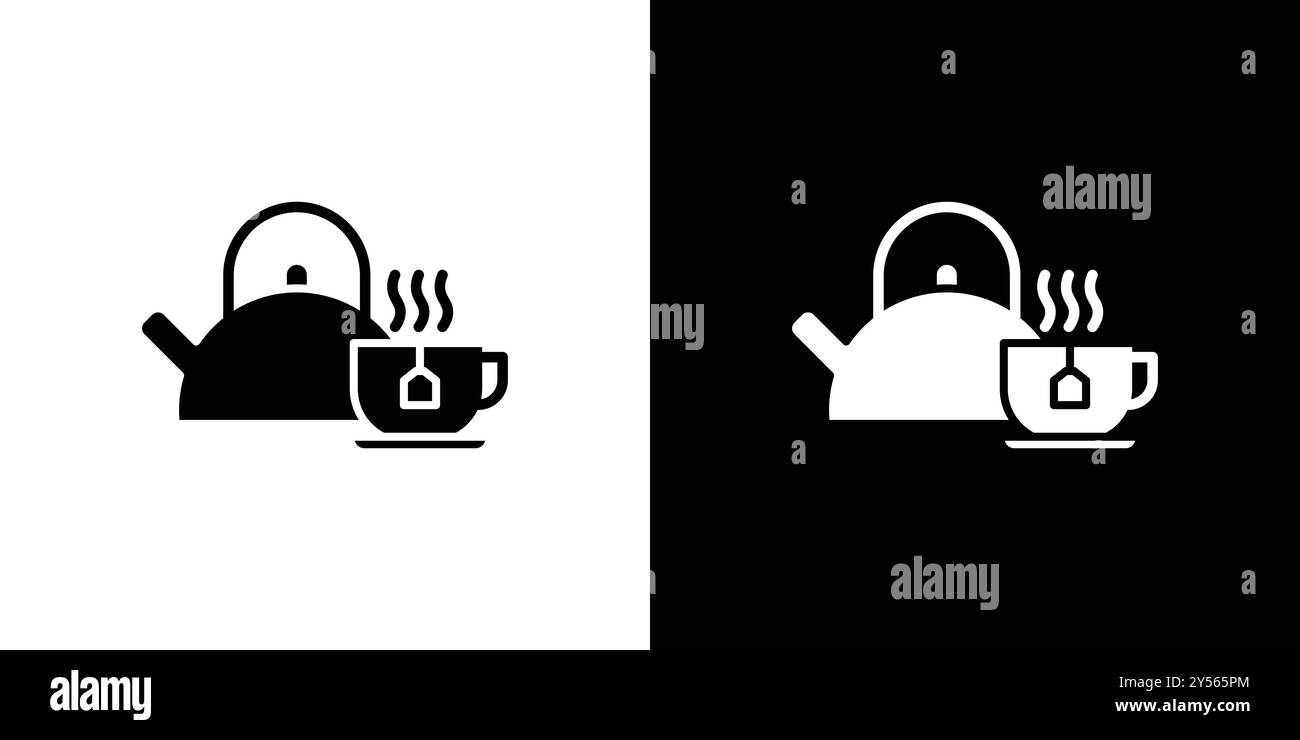 Théière avec sac à thé sur tasse icône de logo linéaire marque set collection en noir et blanc Illustration de Vecteur