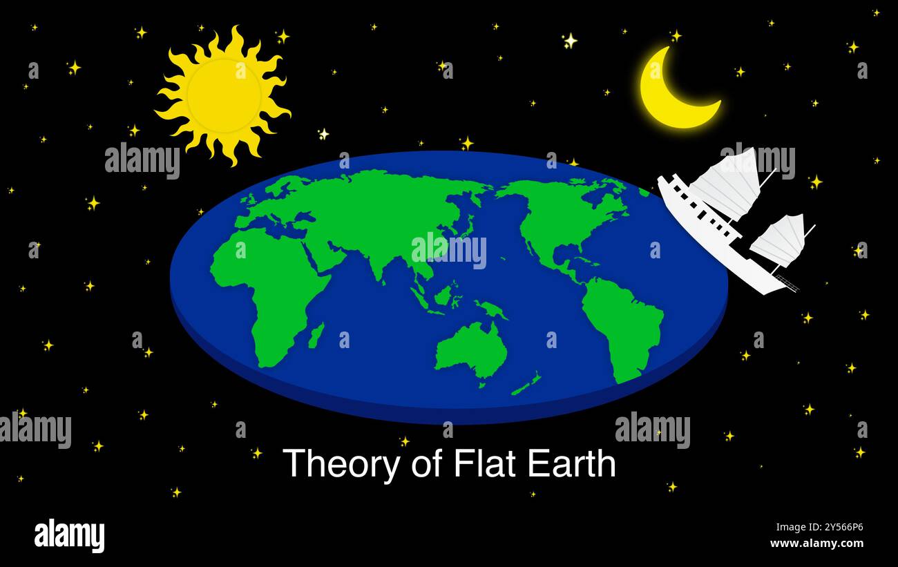 La Terre plate dans le cosmos, la Terre plate tournant lentement dans l'espace, Un modèle de Terre plate, Flat Earth Conspiracy Sun and Moon Model, voguez loin de la Terre Banque D'Images