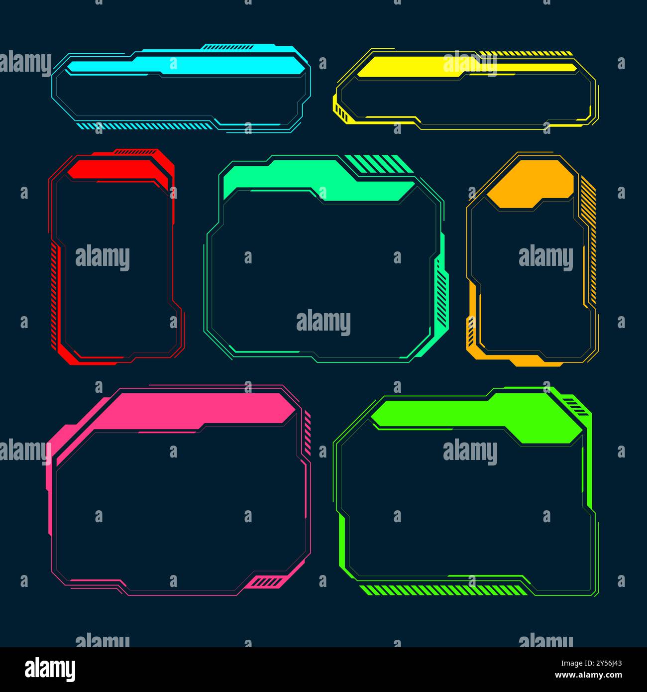 Éléments HUD ou UI futuristes. Zones de texte et légendes de l'interface utilisateur SCI-fi. Cadre de message d'avertissement coloré, modèle de boîtes d'information. Jeu moderne Illustration de Vecteur