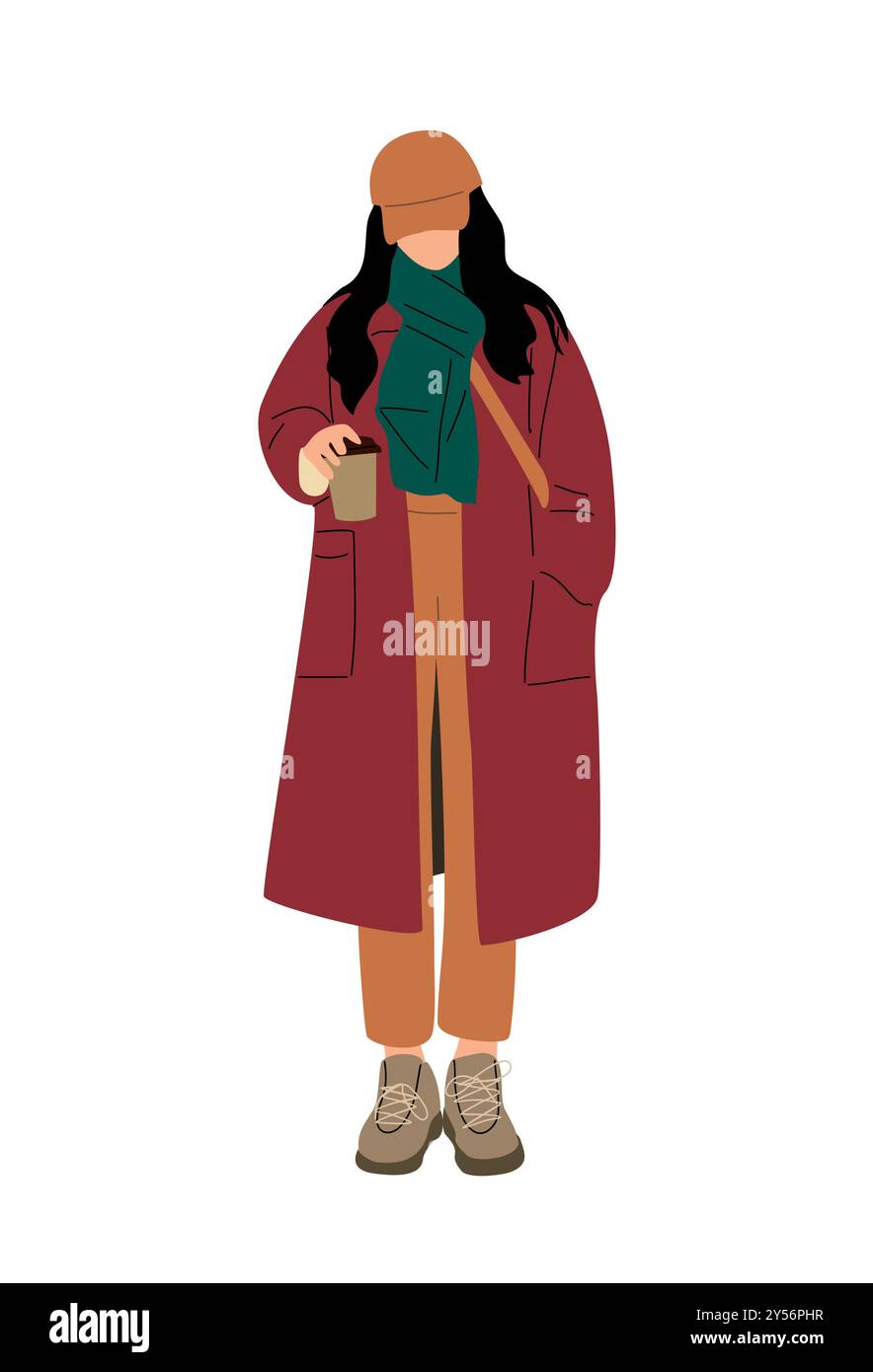 Jeune femme portant un manteau debout avec une tasse à café Illustration de Vecteur