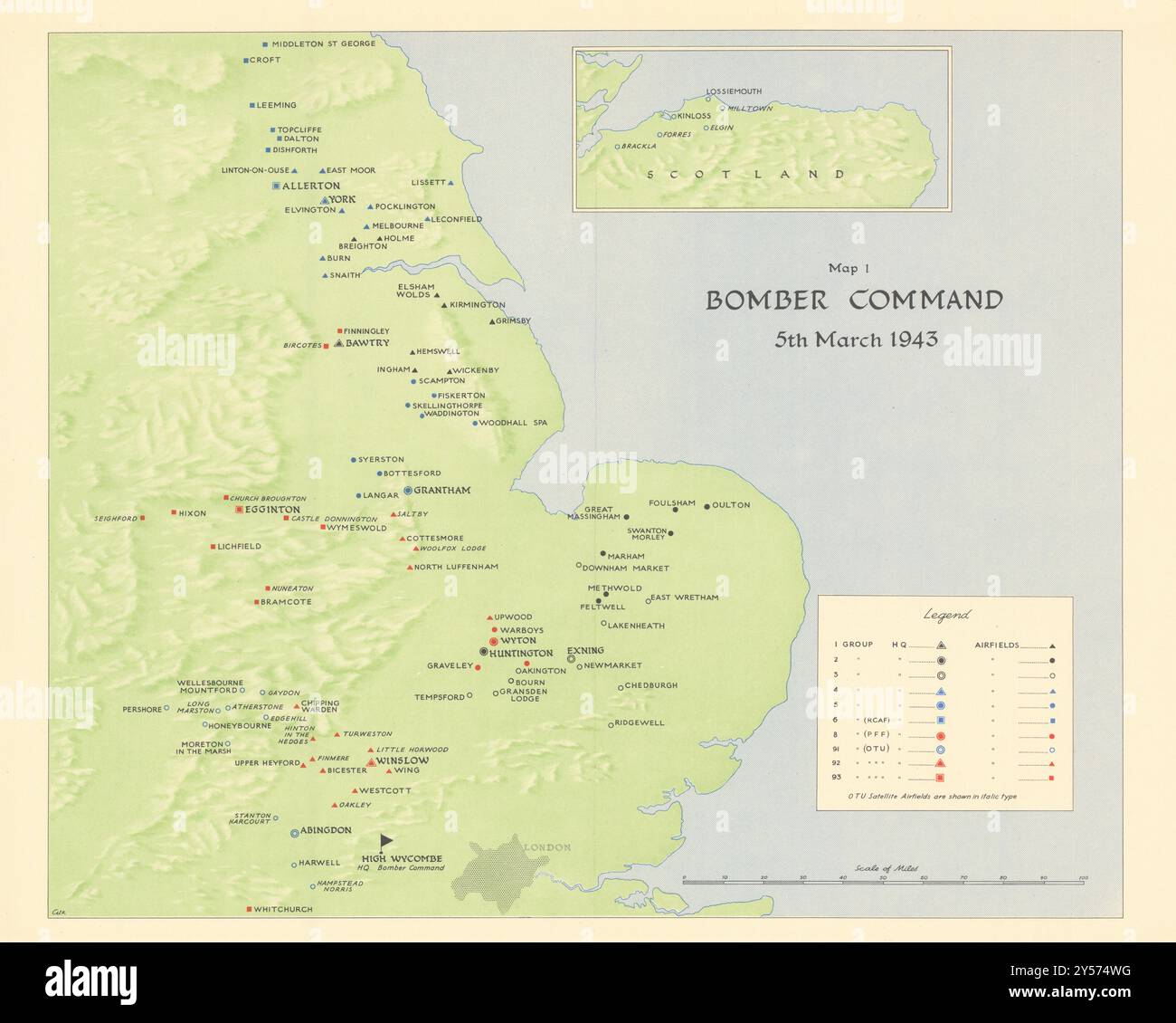 Aérodromes et QG du RAF Bomber Command, 5 mars 1943. Vieille carte de 1961 de la seconde Guerre mondiale Banque D'Images