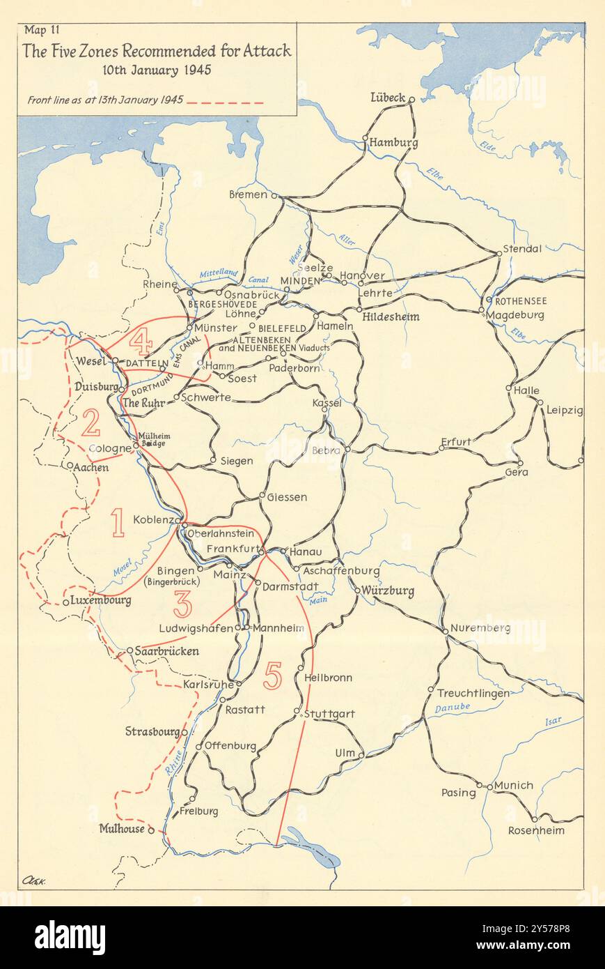 Invasion de l'Allemagne. 5 zones d'attaque 19 janvier 1945. Carte de 1961 de la seconde Guerre mondiale Banque D'Images