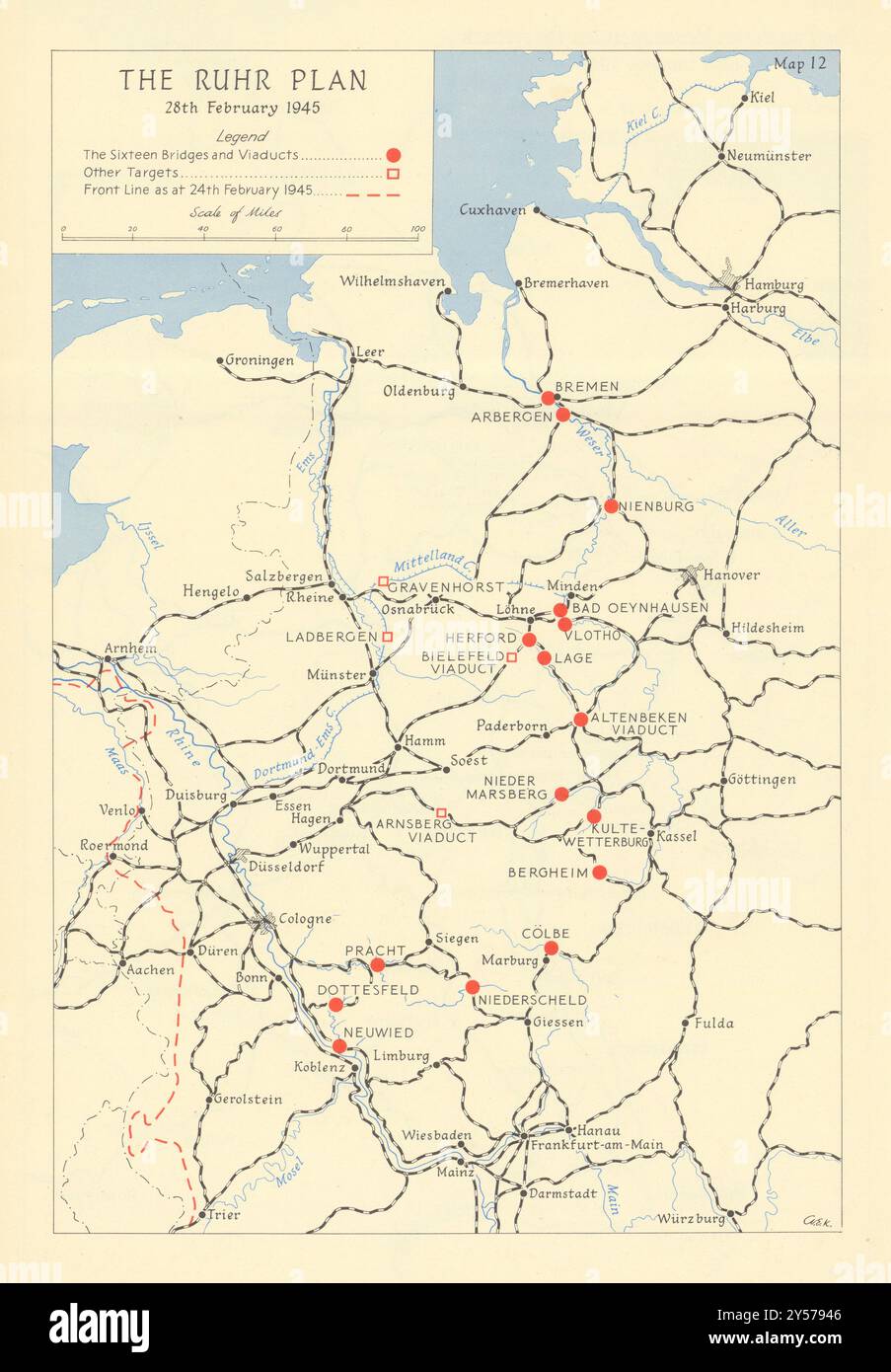 RAF Bomber Command bataille du plan de la Ruhr 28 février 1945. Carte de 1961 de la seconde Guerre mondiale Banque D'Images