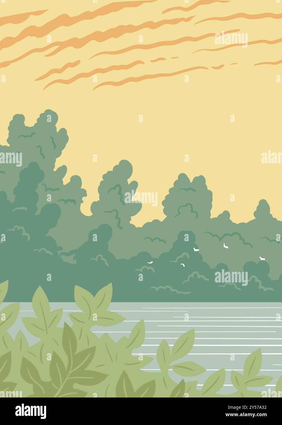 Beau paysage avec une rivière et des arbres verts Illustration de Vecteur