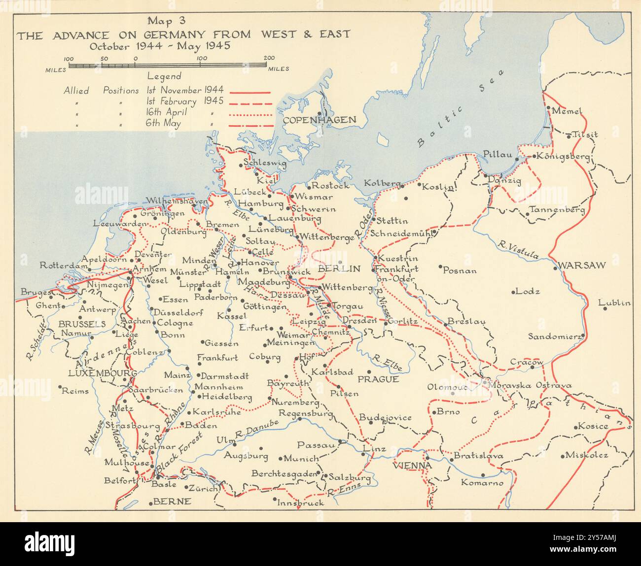 Invasion de l'Allemagne de l'Ouest et de l'est octobre 1944-mai 1945. Carte de 1956 de la seconde Guerre mondiale Banque D'Images