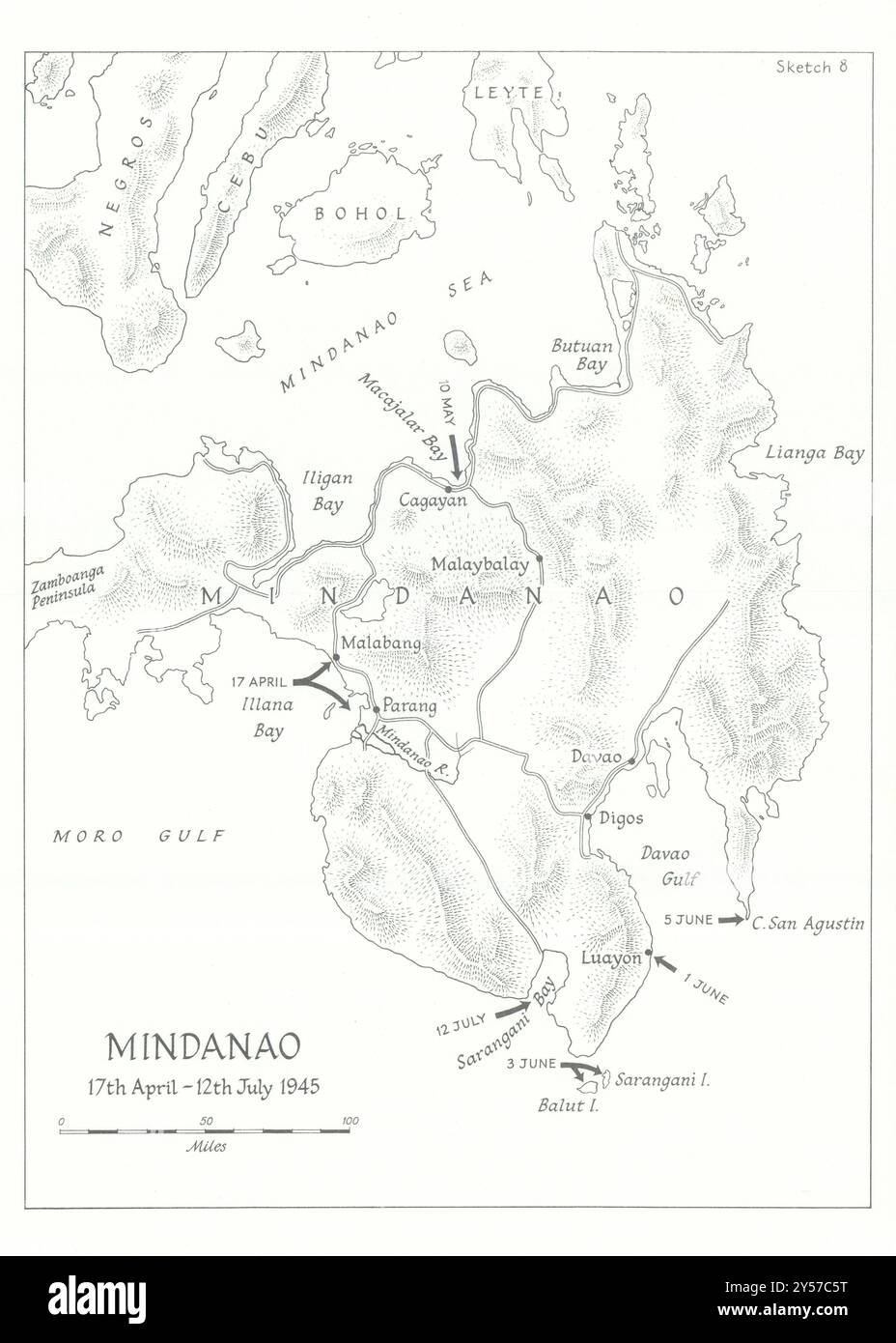 Débarquements de Mindanao avril-juillet 1945. Campagne des Philippines. Carte de 1969 de la seconde Guerre mondiale Banque D'Images