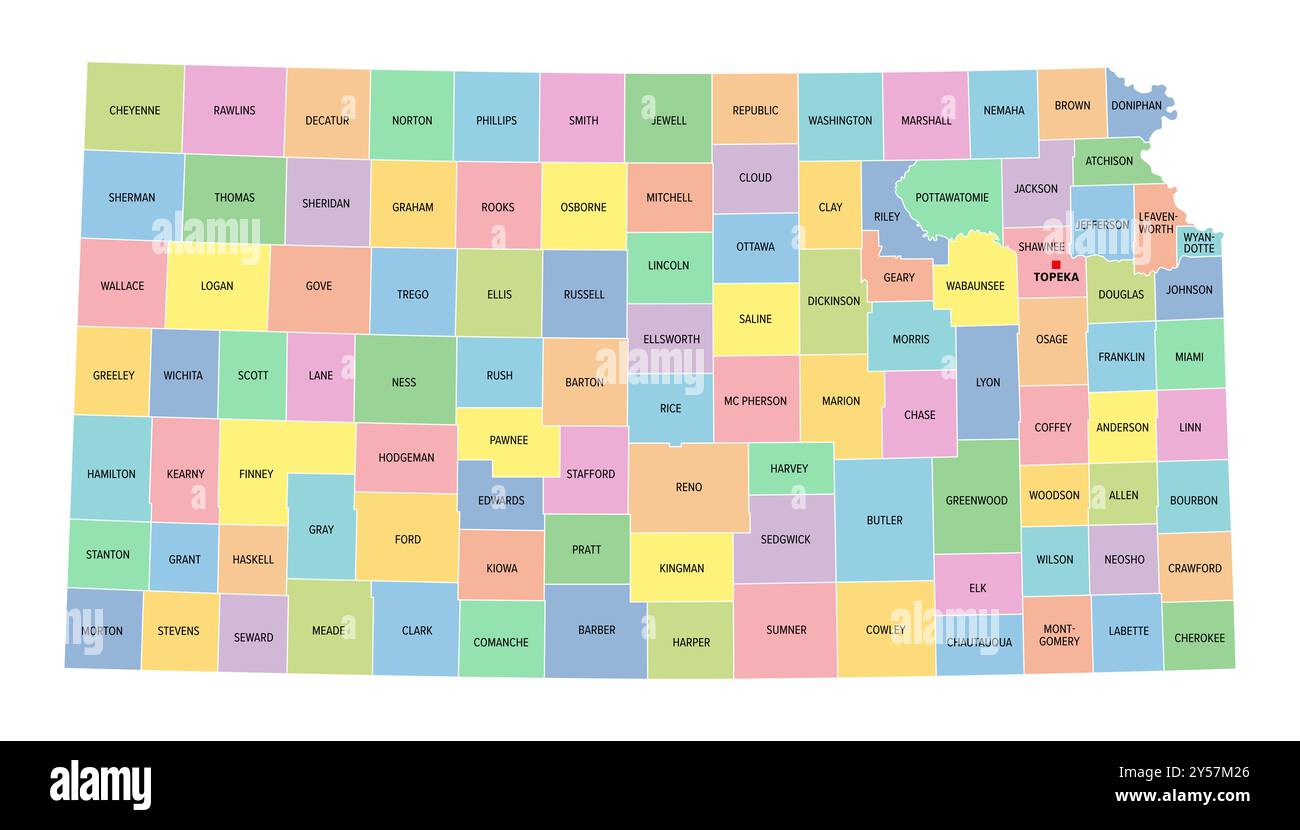 Kansas, état américain, subdivisé en 105 comtés, carte politique multicolore avec Topeka capitale, frontières et noms de comté. Banque D'Images