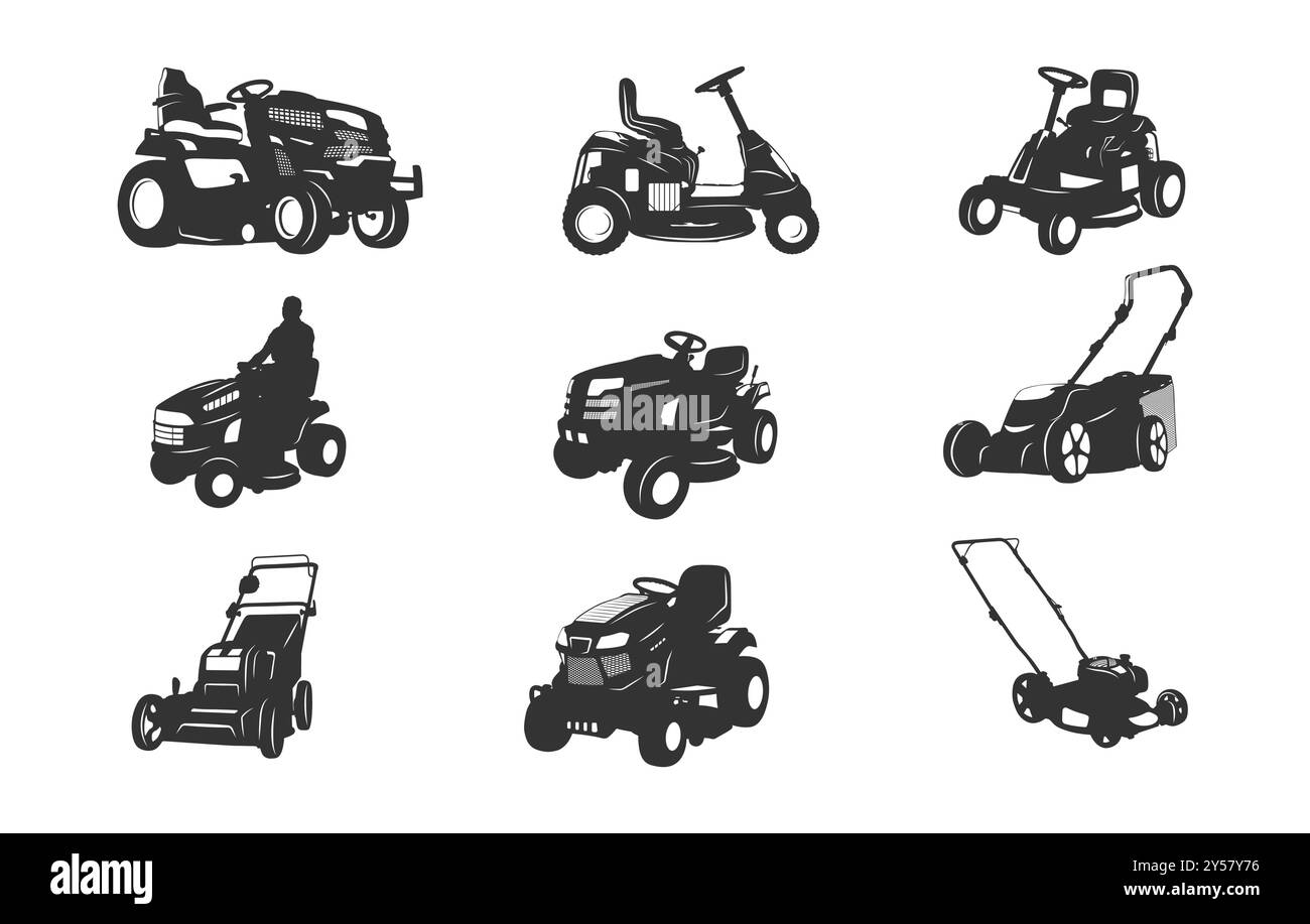 Silhouette de tondeuse autoportée, vecteurs de tondeuse autoportée, ensemble de tondeuse à gazon, silhouette de tondeuse autoportée, jeu de vecteurs de tondeuse autoportée Illustration de Vecteur