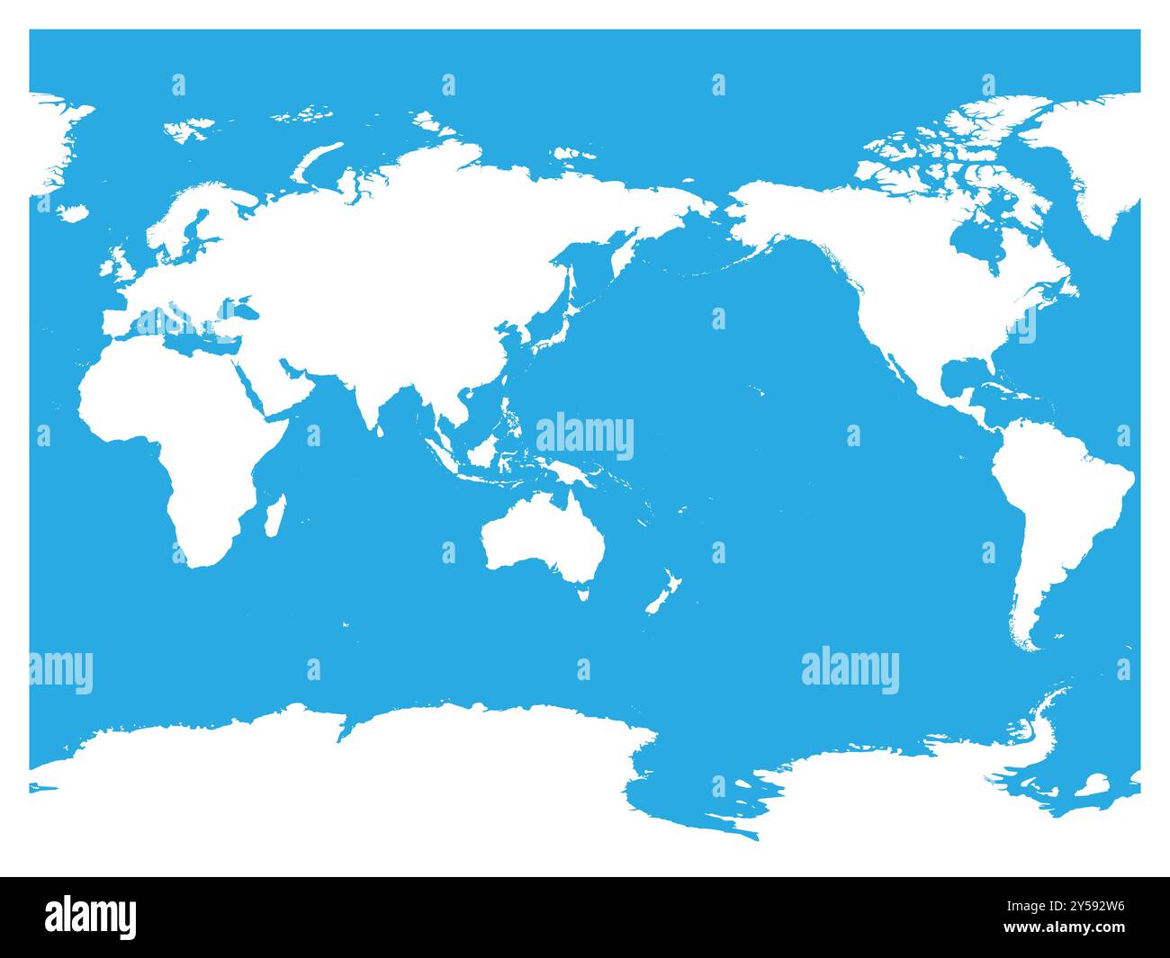 Carte du monde centrée sur l'Australie et l'océan Pacifique. Silhouette blanche haute précision sur fond bleu. Illustration vectorielle. Illustration de Vecteur