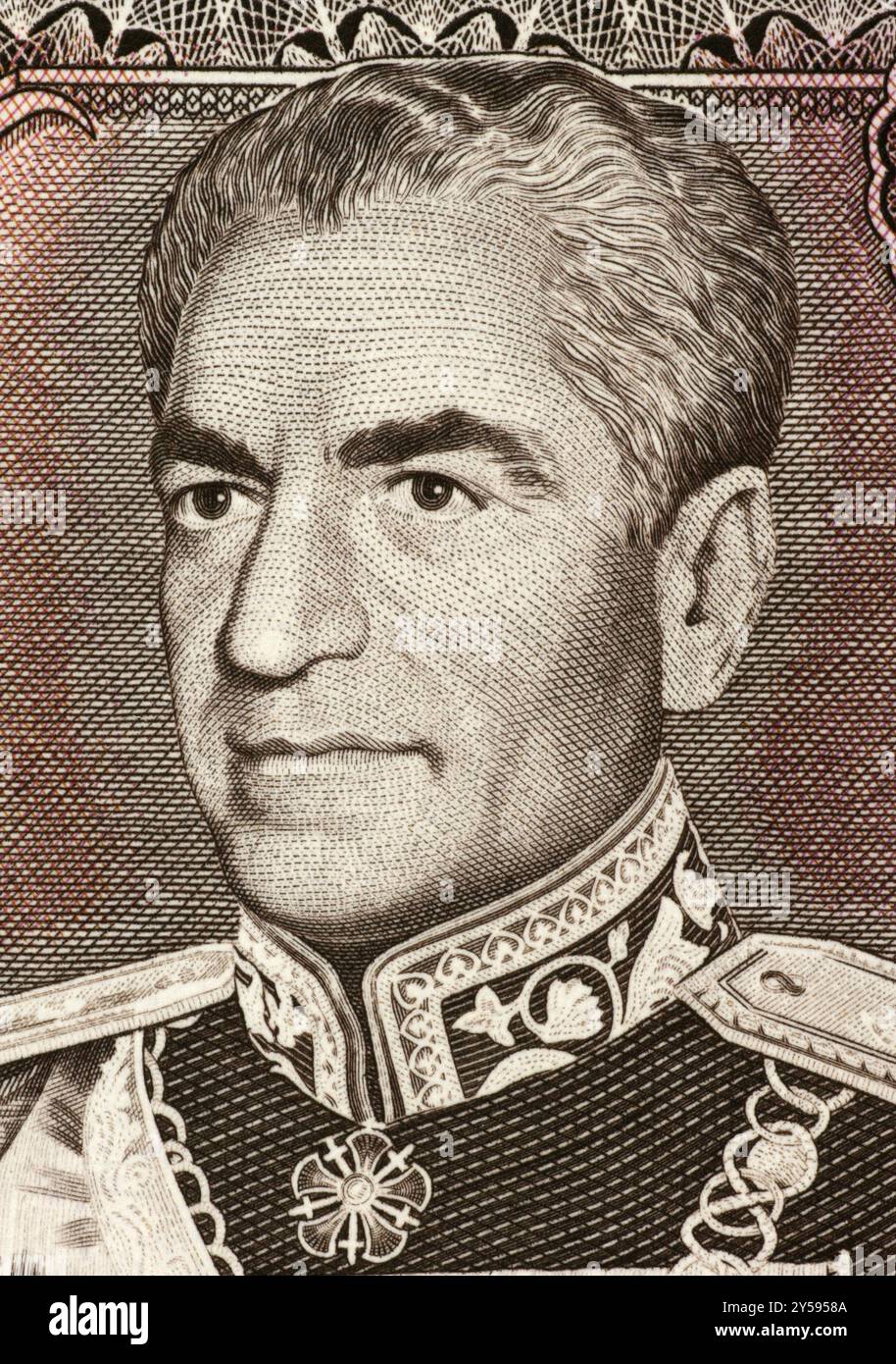 Reza Shah Pahlavi (1878-1844) sur un billet de 20 rials 1974 en provenance d'Iran. Shah de l'État impérial d'Iran en 1925-1841 Banque D'Images