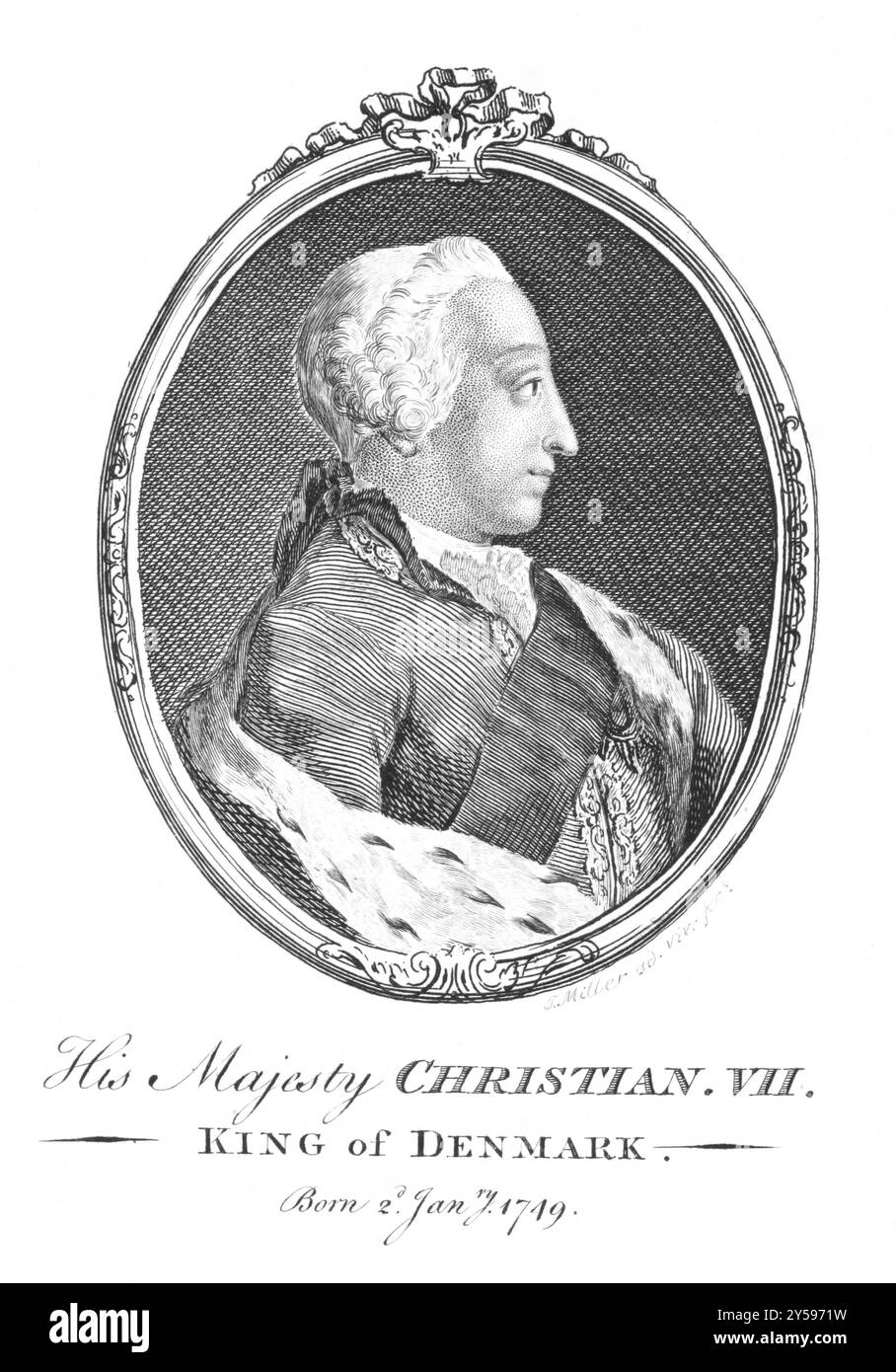 Christian VII (1749-1808) sur gravure des années 1700 Roi de Danemark et de Norvège en 1766-1808. Gravé par J. Miller et publié en 1761 Banque D'Images