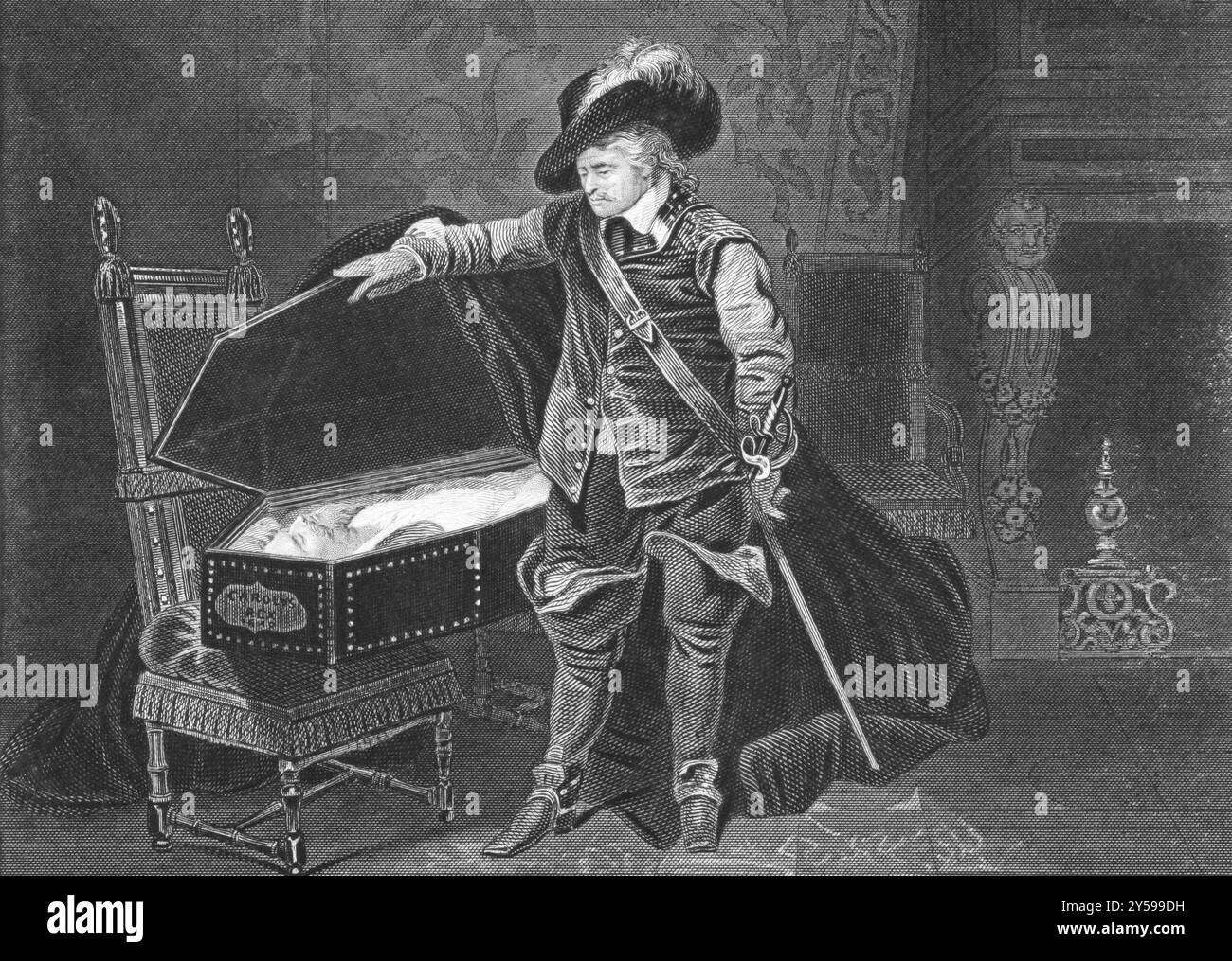 Cromwell regardant le cadavre de Charles Ier sur une gravure des années 1800 Gravé par J. Rogers d'après un tableau de Paul de la Roche Banque D'Images